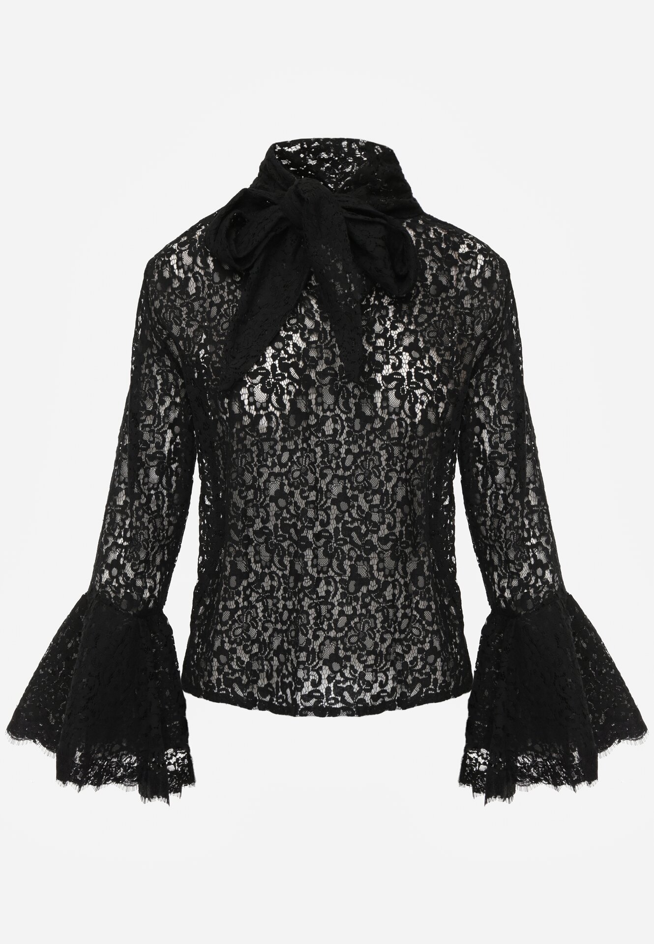 Czarna Wiskozowa Bluzka z Koronki z Bawełną Kokardą i Rozszerzanymi Rękawami Andrice