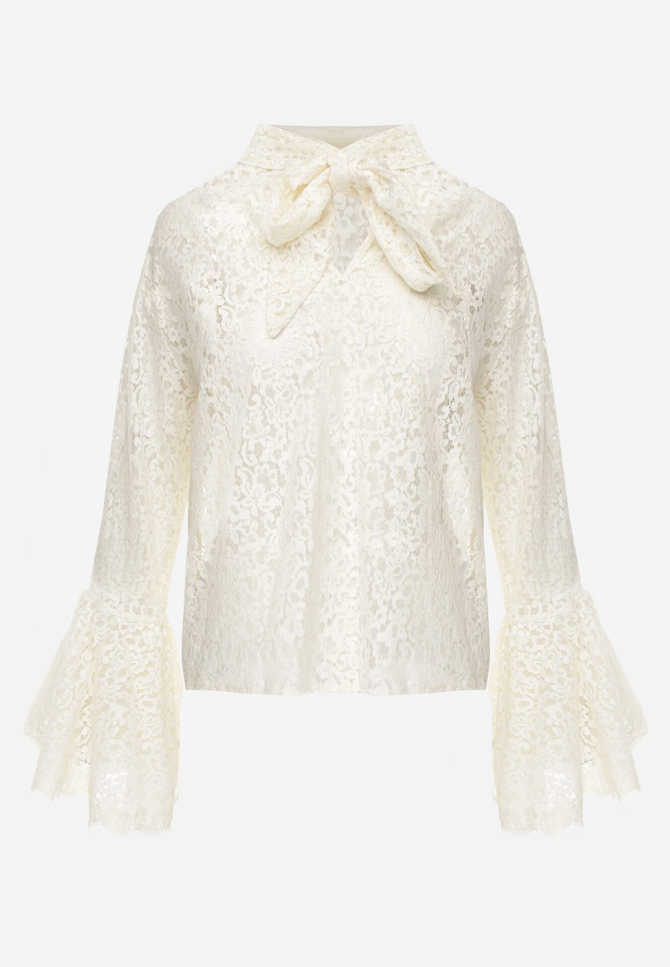 Beżowa Wiskozowa Bluzka z Koronki z Bawełną Kokardą i Rozszerzanymi Rękawami Andrice