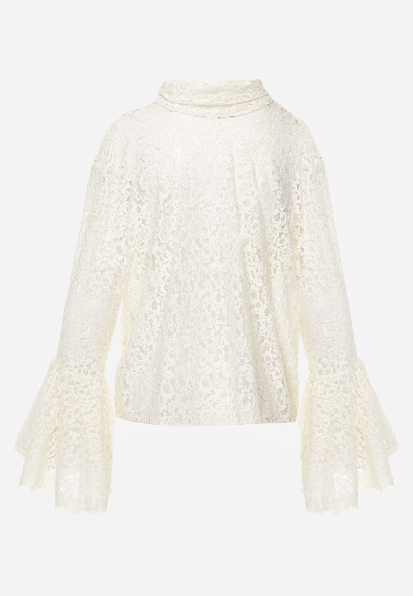 Beżowa Wiskozowa Bluzka z Koronki z Bawełną Kokardą i Rozszerzanymi Rękawami Andrice