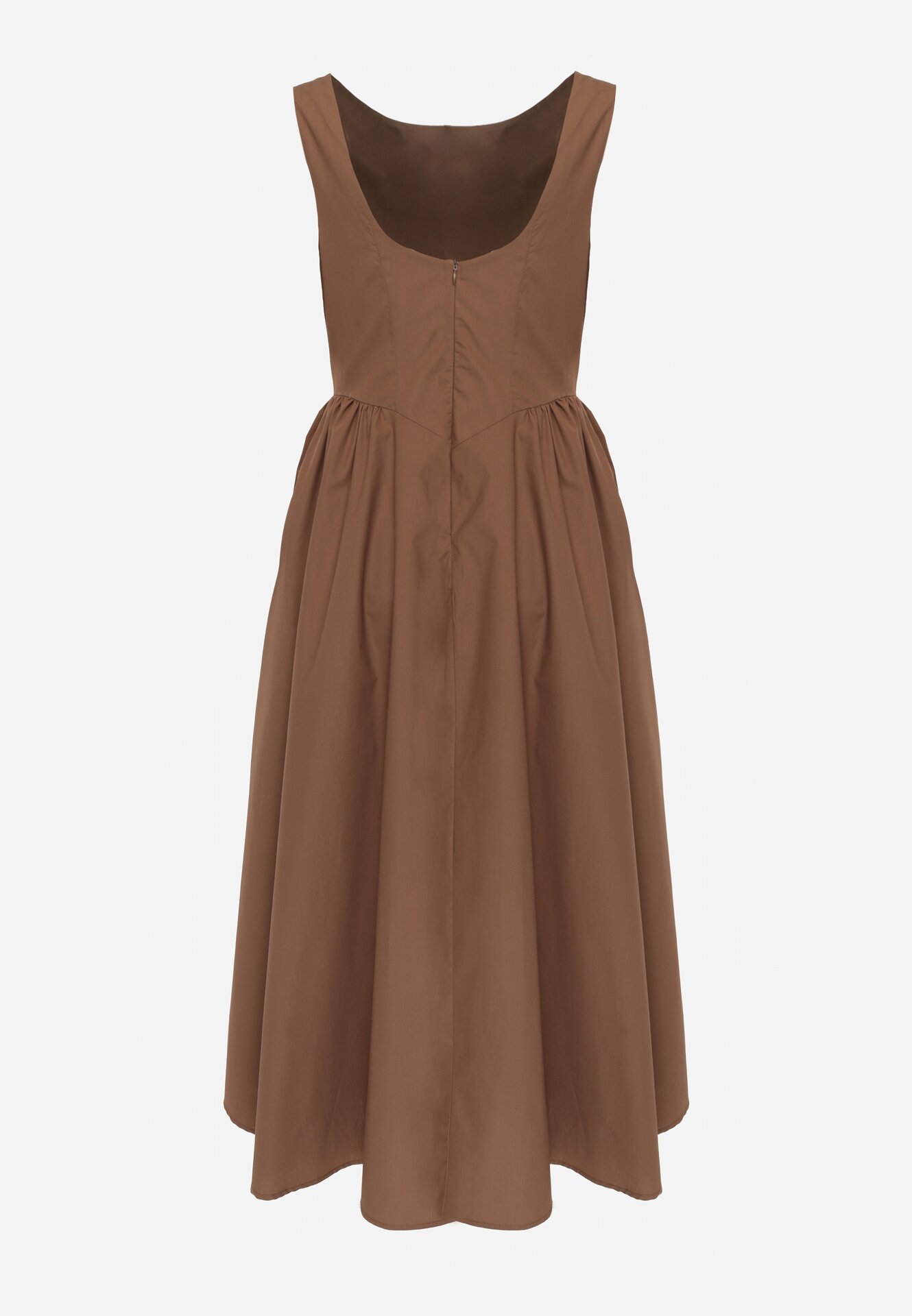 Brązowa Sukienka Bawełniana o Rozkloszowanym Fasonie z Dekoltem Łódką i Kieszeniami Elenira