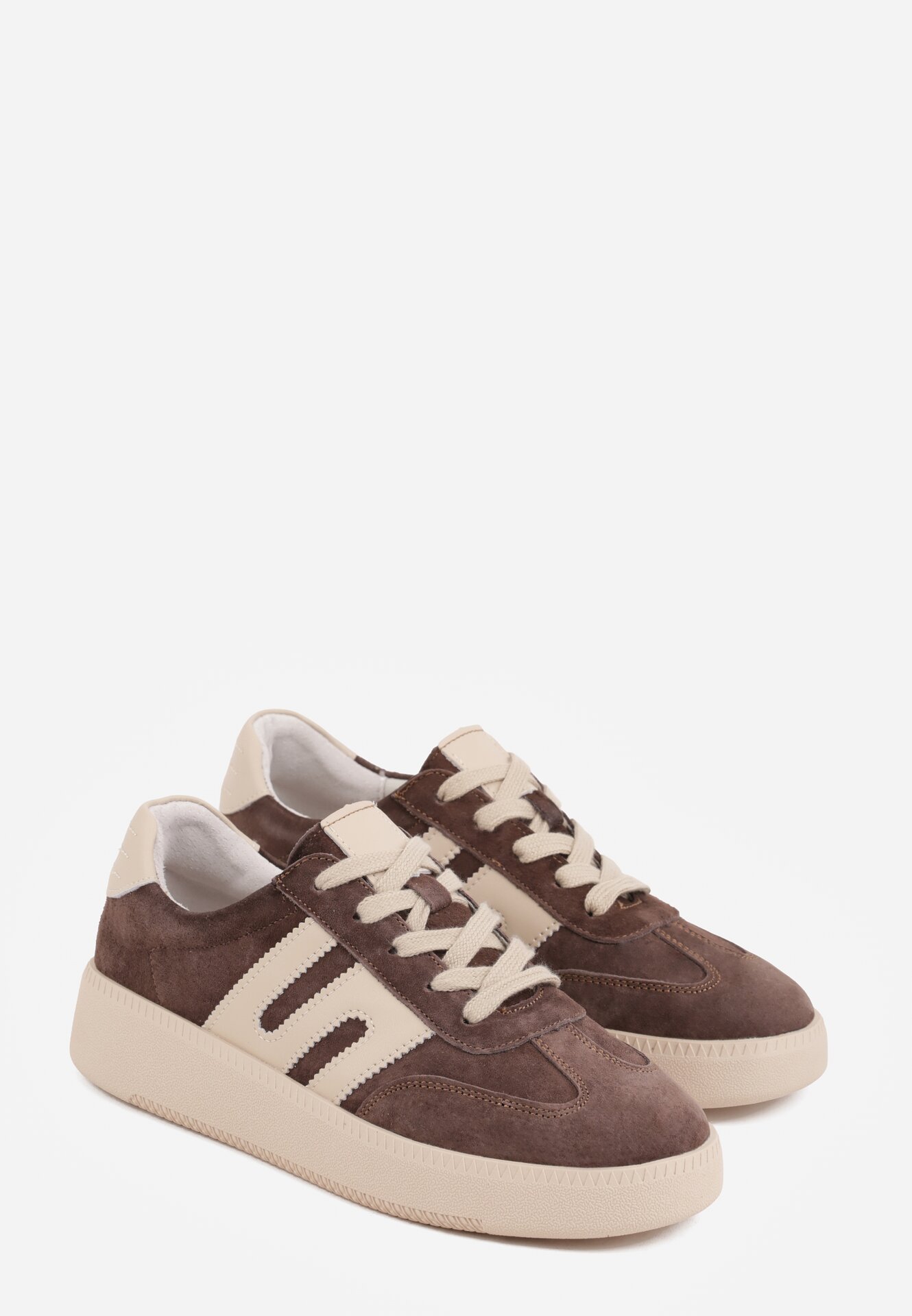 Brązowe Skórzane Sneakersy na Kauczukowej Podeszwie z Geometrycznym Motywem Shytyse