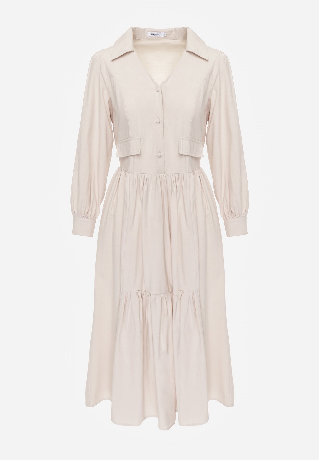 Beżowa Bawełniano-Wiskozowa Sukienka Koszulowa z Imitacją Kieszeni Biriala