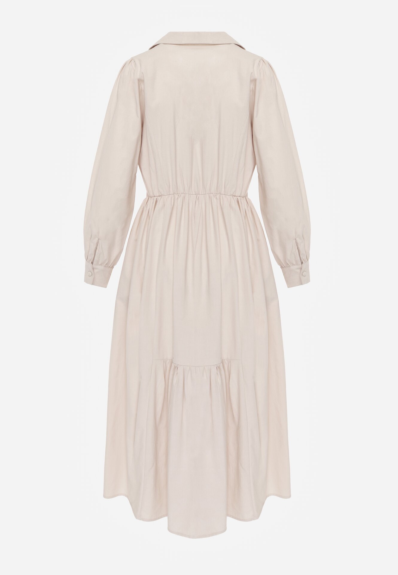 Beżowa Bawełniano-Wiskozowa Sukienka Koszulowa z Imitacją Kieszeni Biriala