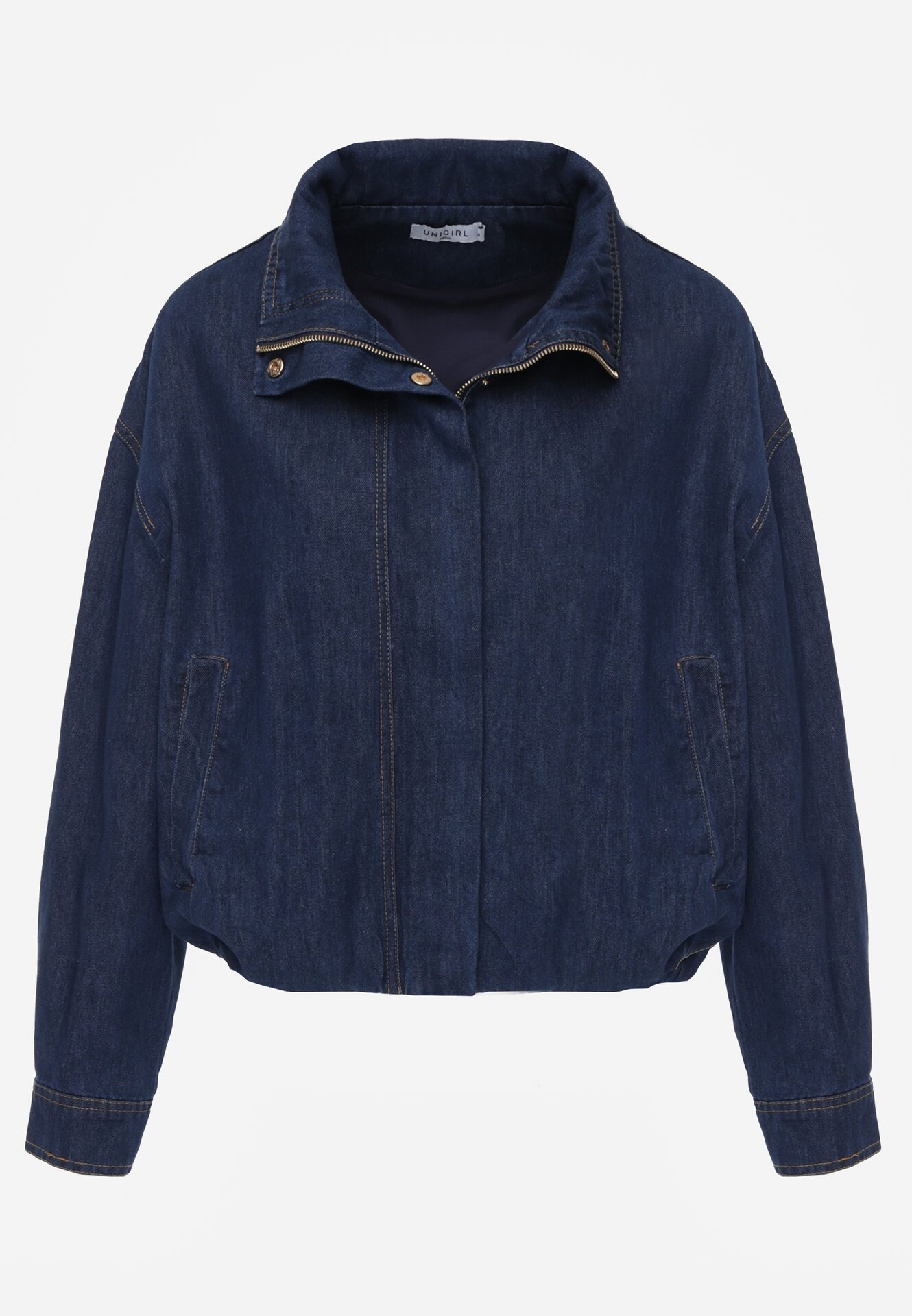 Niebieska Jeansowa Kurtka Przejściowa z Bawełny o Kroju Bombki z Kołnierzykiem Jotima