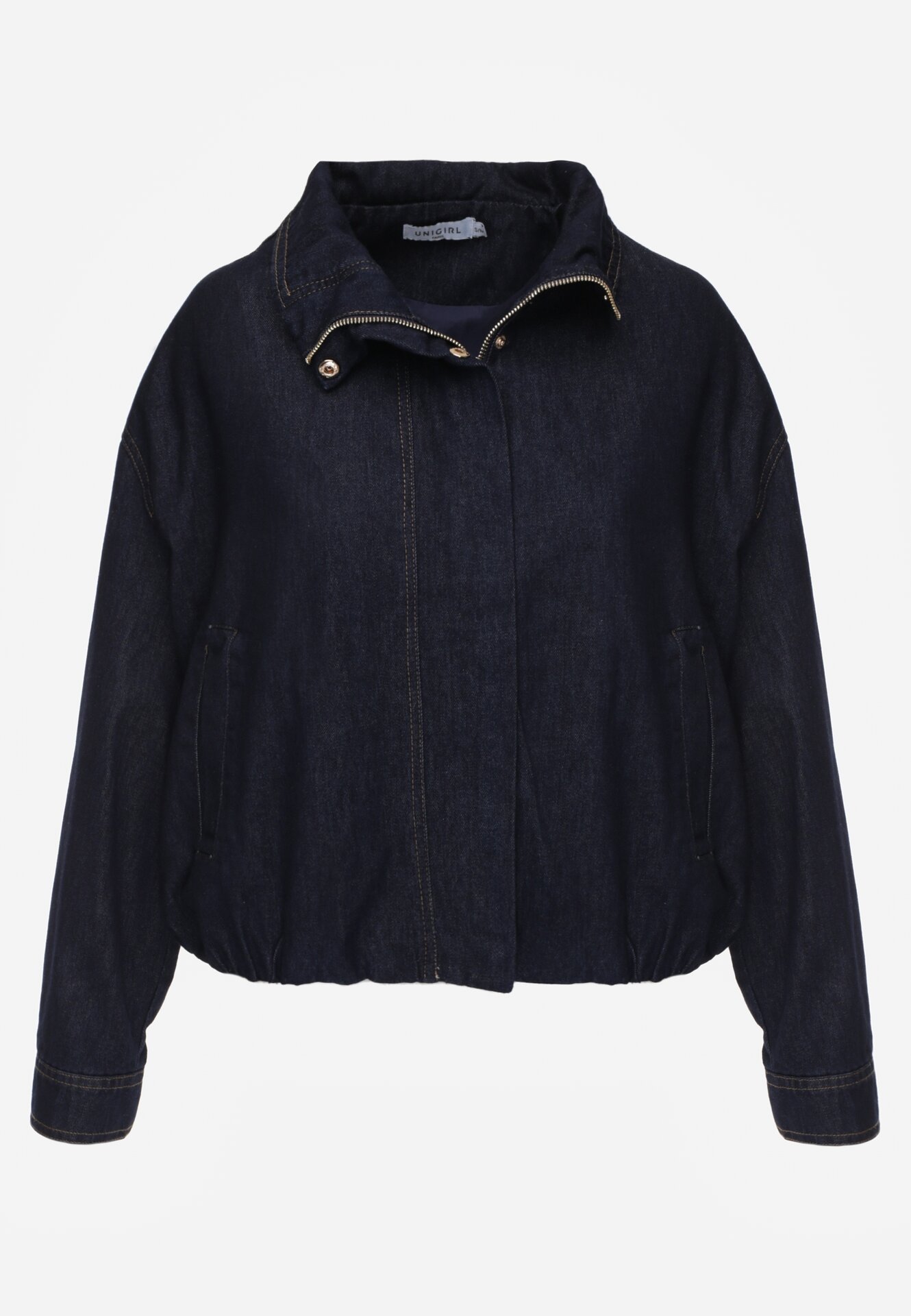 Granatowa Jeansowa Kurtka Przejściowa z Bawełny o Kroju Bombki z Kołnierzykiem Jotima