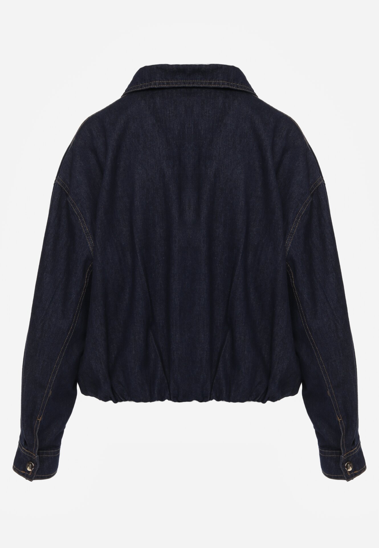Granatowa Jeansowa Kurtka Przejściowa z Bawełny o Kroju Bombki z Kołnierzykiem Jotima