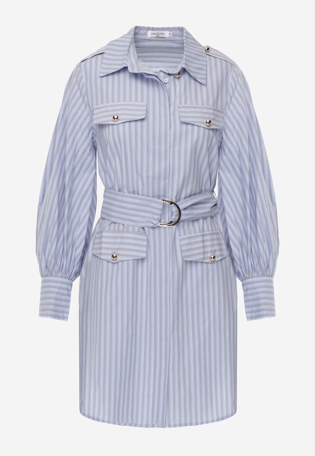 Niebieska Bawełniana Sukienka Koszulowa z Paskiem i Pagonami Dennelia