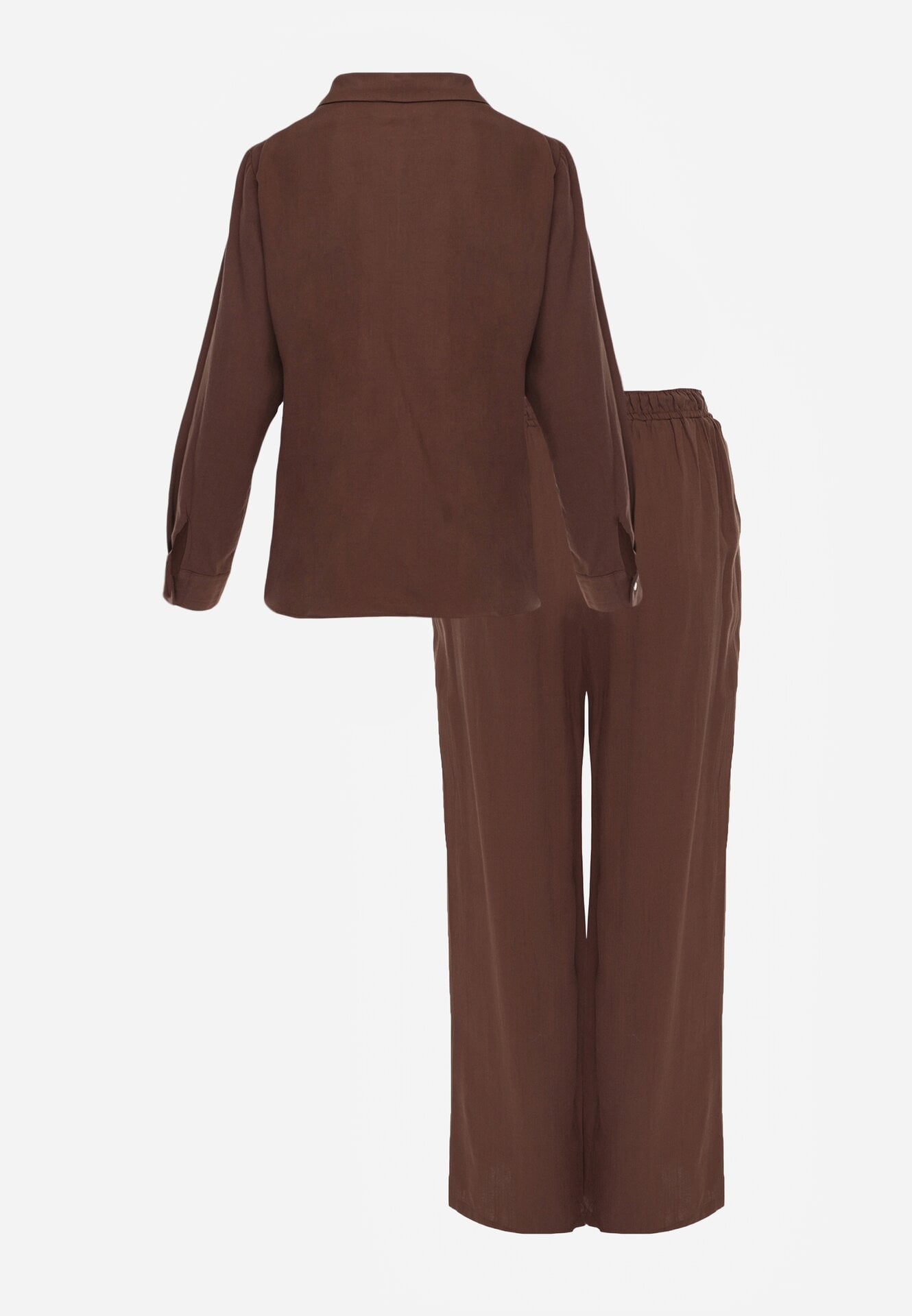 Brązowy Wiskozowy Komplet Asymetryczna Koszula i Spodnie z Kieszeniami Moneia