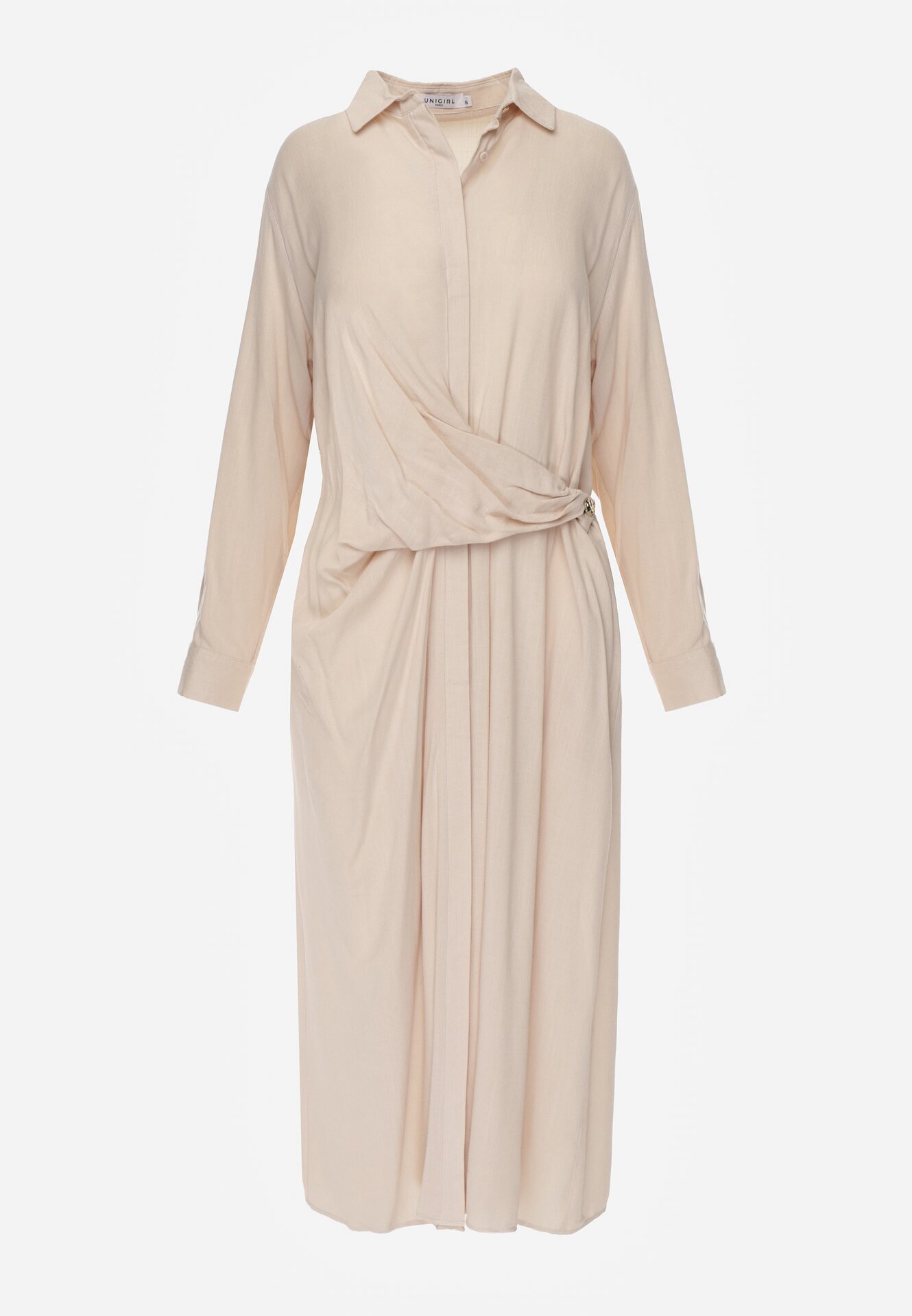 Beżowa Wiskozowa Sukienka Koszulowa z Marszczeniem i Guzikiem w Talii Lennatha