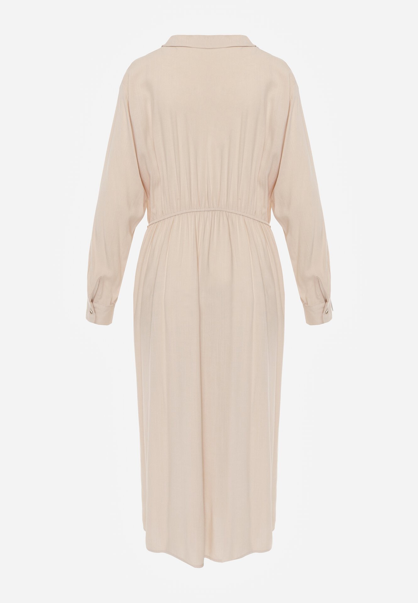 Beżowa Wiskozowa Sukienka Koszulowa z Marszczeniem i Guzikiem w Talii Lennatha