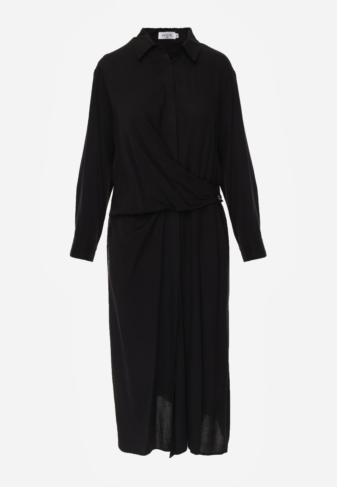 Czarna Wiskozowa Sukienka Koszulowa z Marszczeniem i Guzikiem w Talii Lennatha