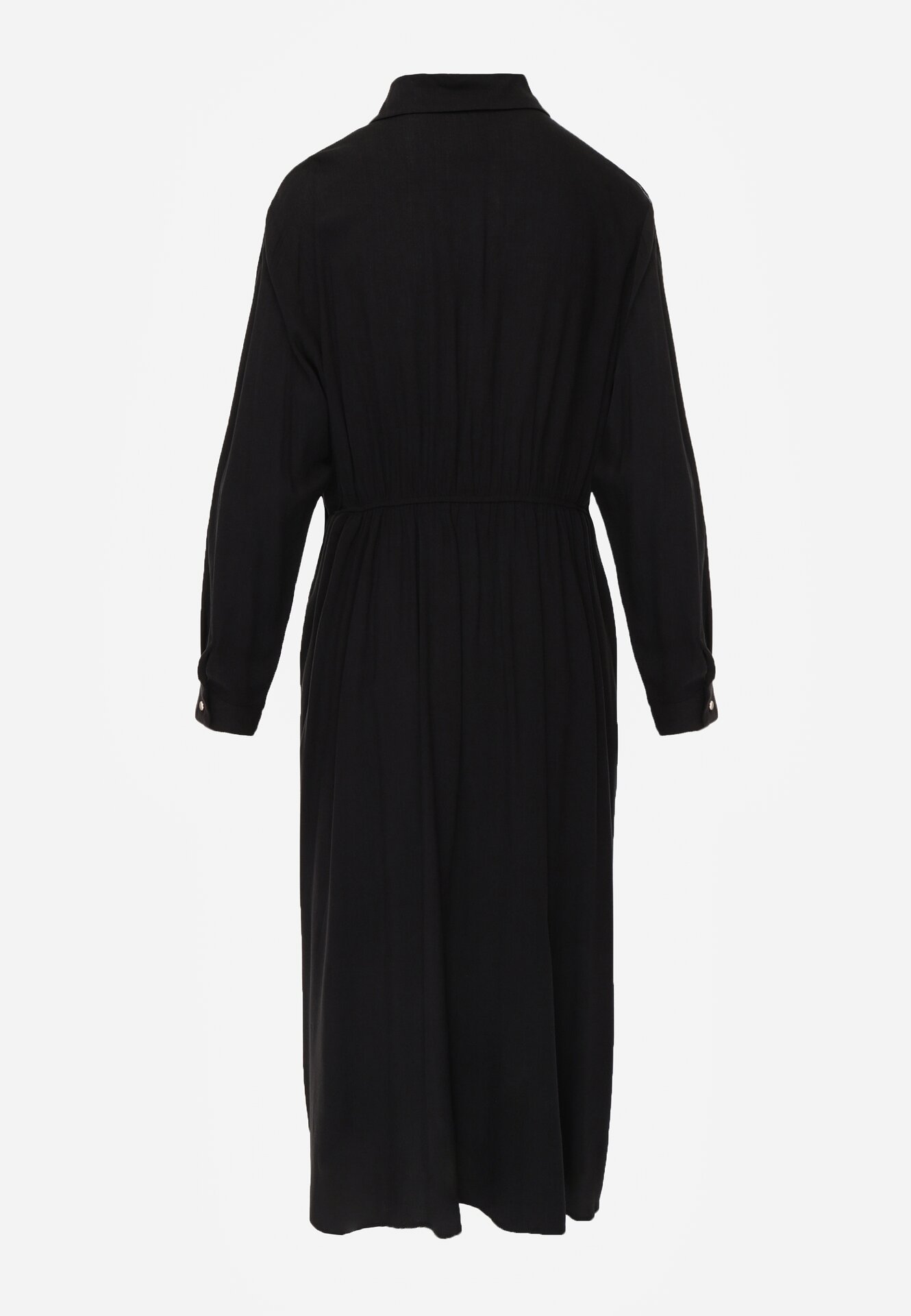 Czarna Wiskozowa Sukienka Koszulowa z Marszczeniem i Guzikiem w Talii Lennatha