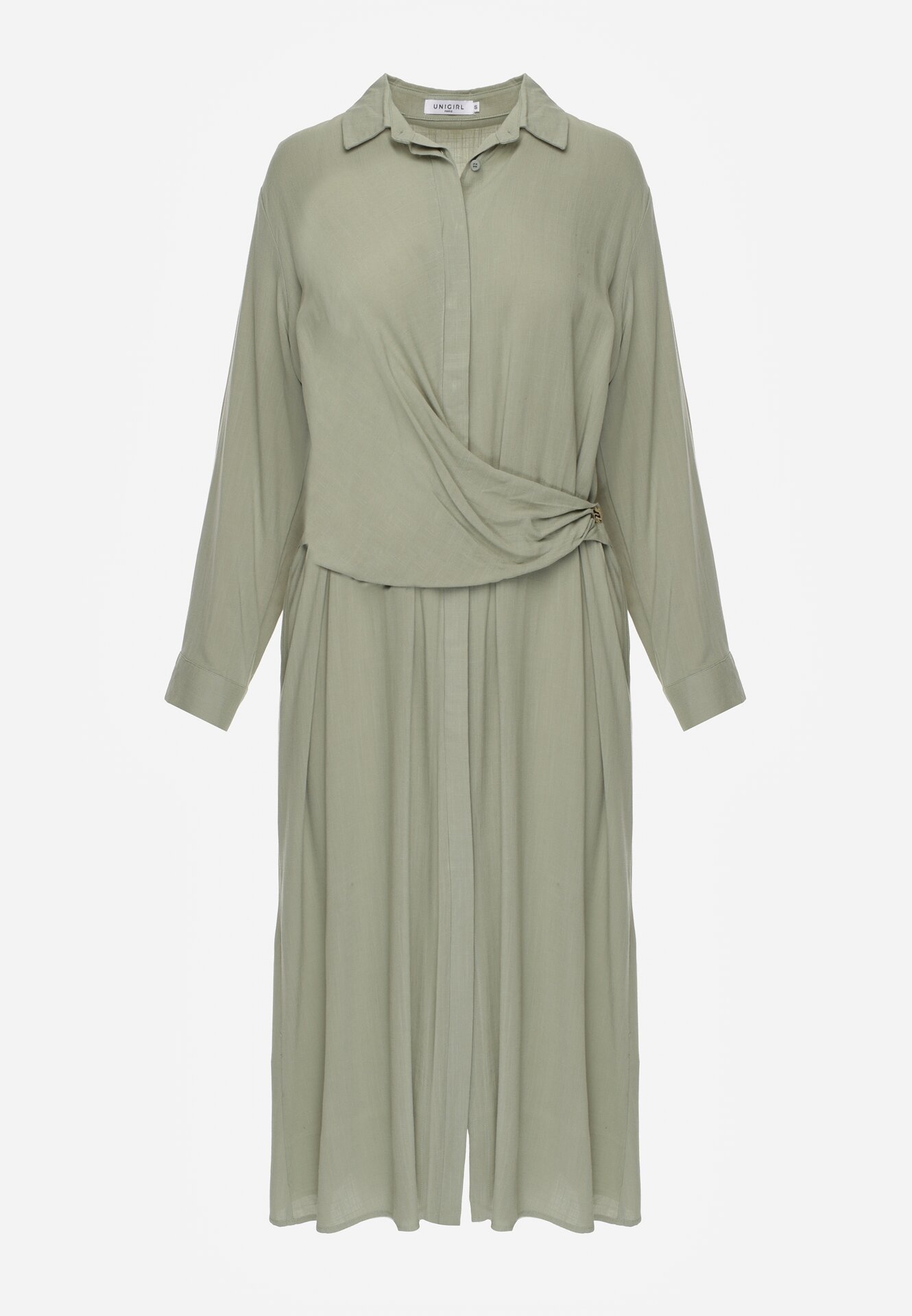 Zielona Wiskozowa Sukienka Koszulowa z Marszczeniem i Guzikiem w Talii Lennatha