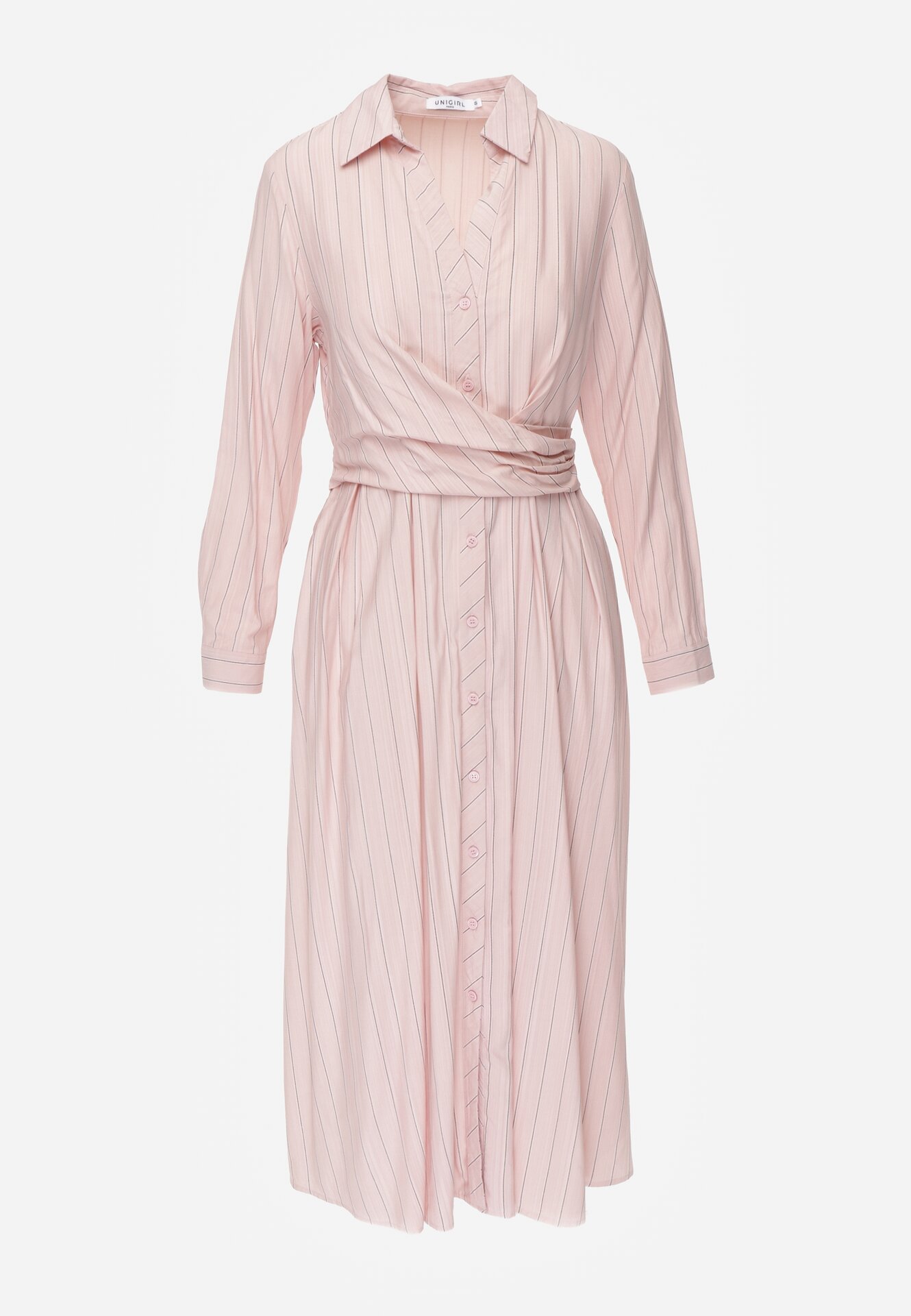 Różowa Koszulowa Sukienka z Wiskozy z Ozdobnym Marszczeniem w Talii Batena