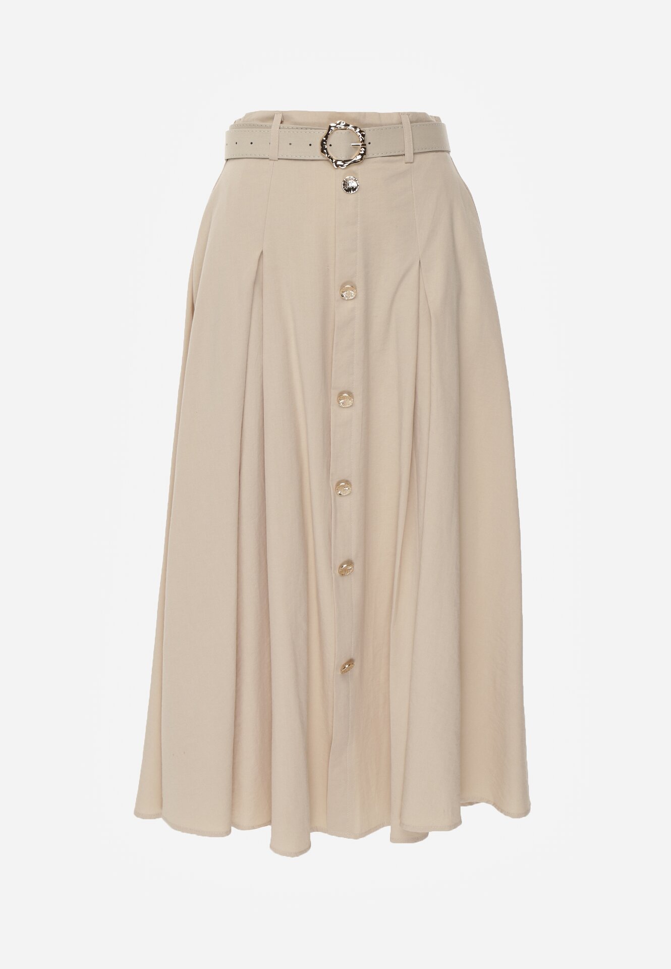 Beżowa Spódnica Rozkloszowana z Bawełną i Paskiem oraz Kieszniami Jorlea