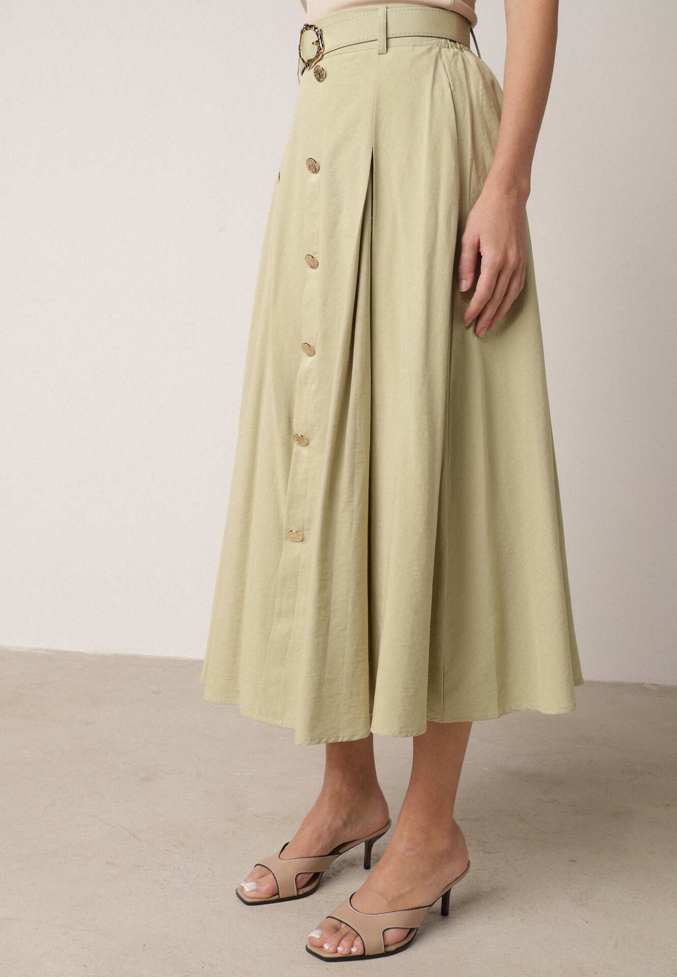 Zielona Spódnica Rozkloszowana z Bawełną i Paskiem oraz Kieszniami Jorlea