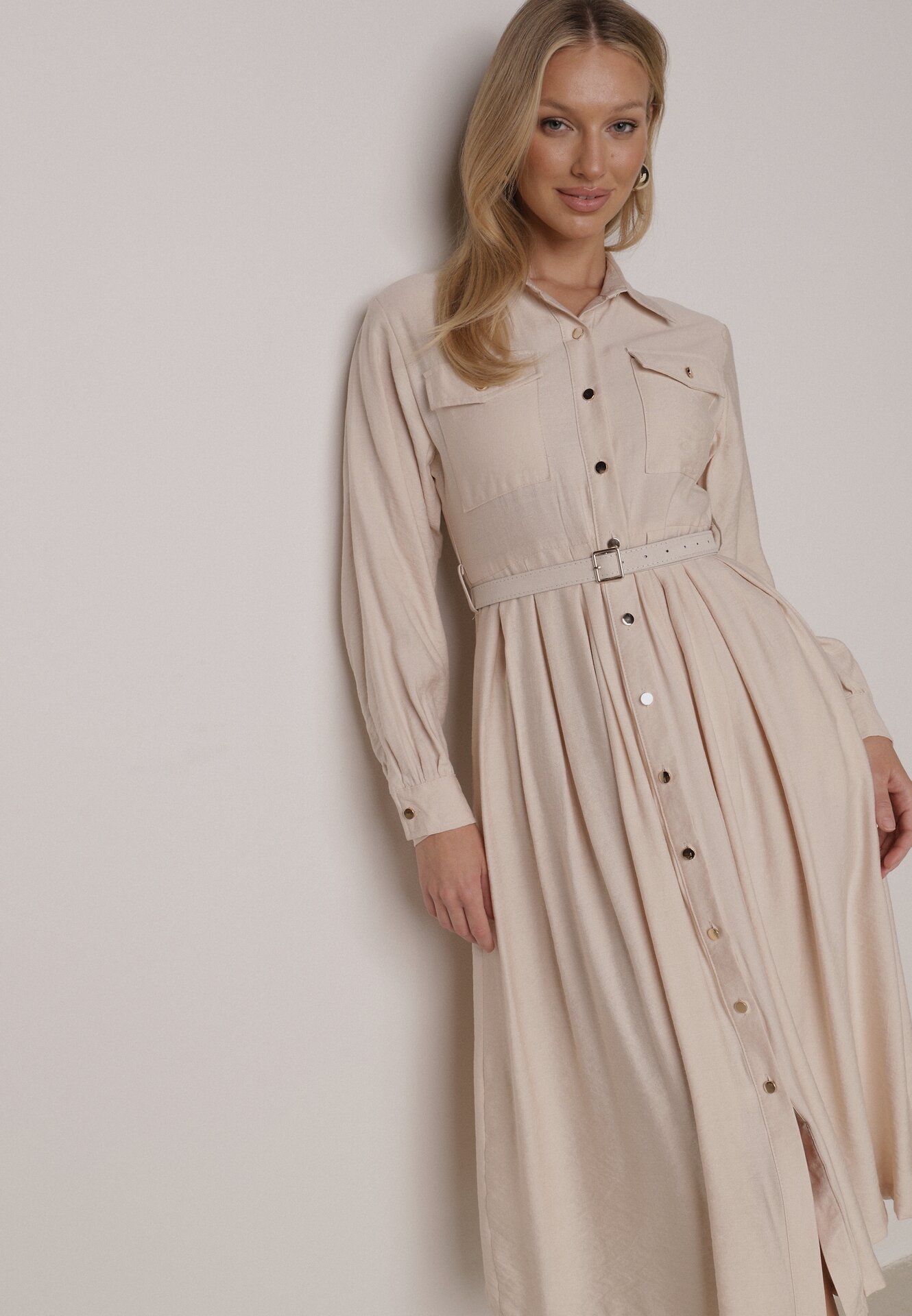 Beżowa Wiskozowa Sukienka Koszulowa z Paskiem Andranassa