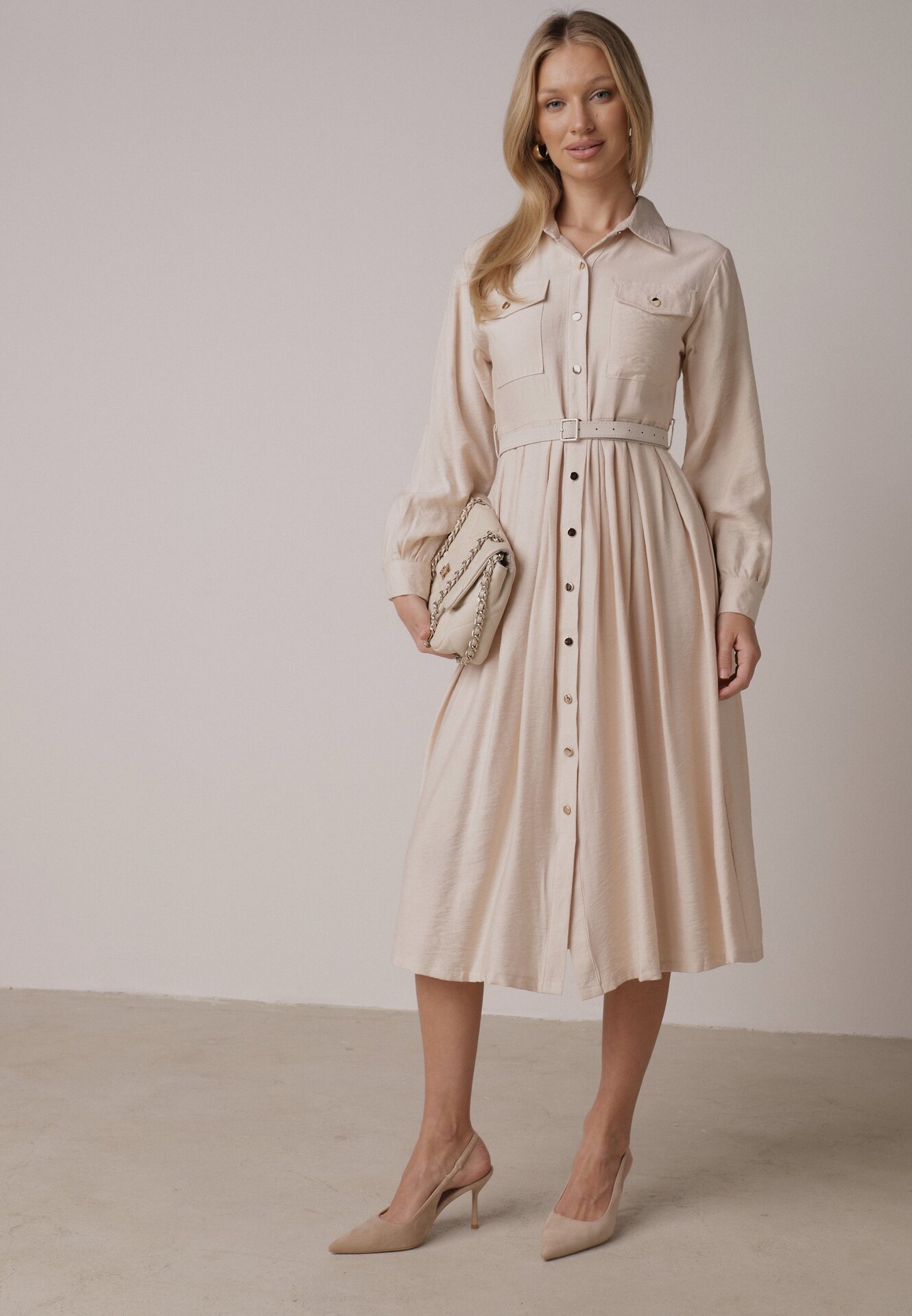 Beżowa Wiskozowa Sukienka Koszulowa z Paskiem Andranassa