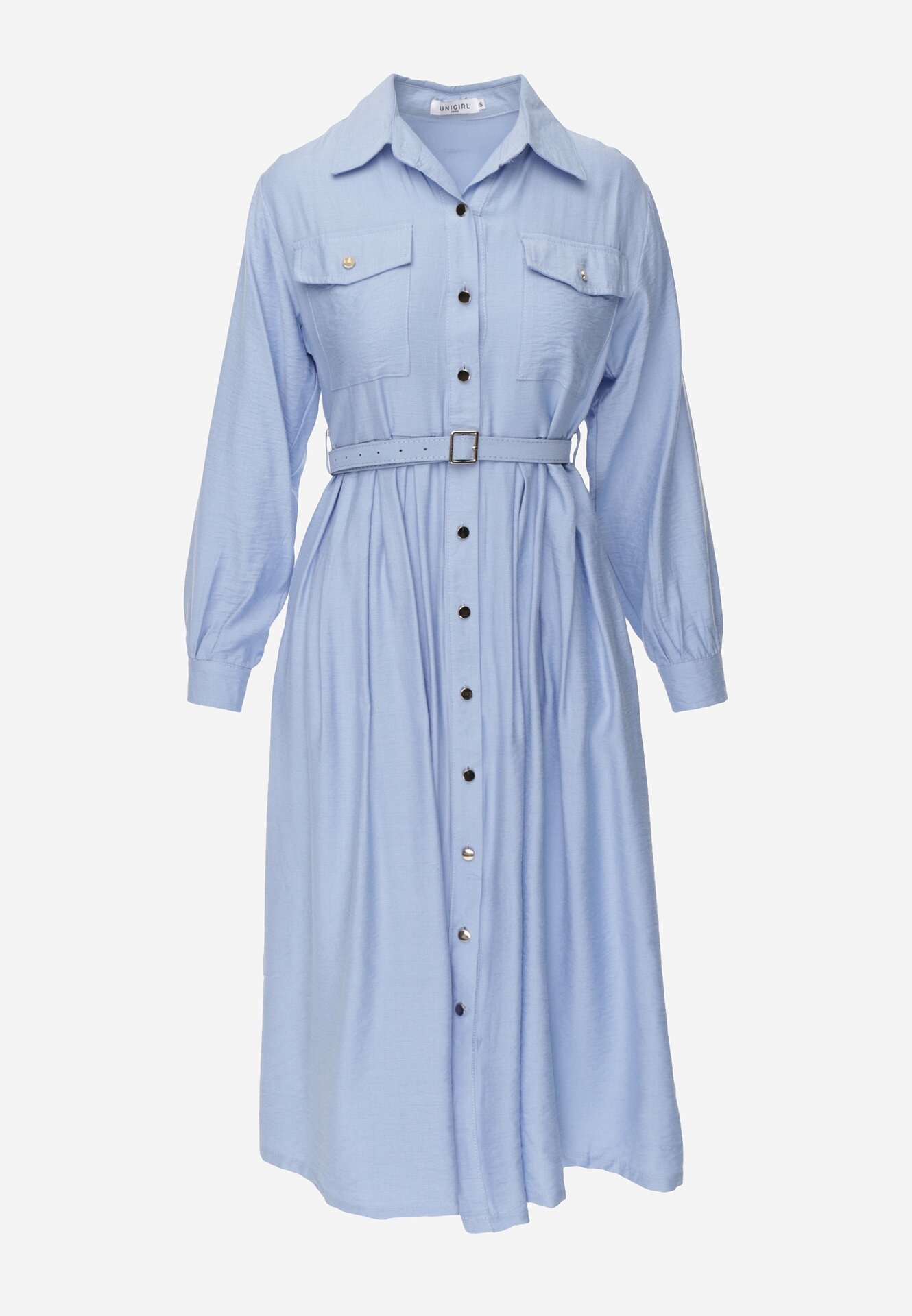 Niebieska Wiskozowa Sukienka Koszulowa z Paskiem Andranassa