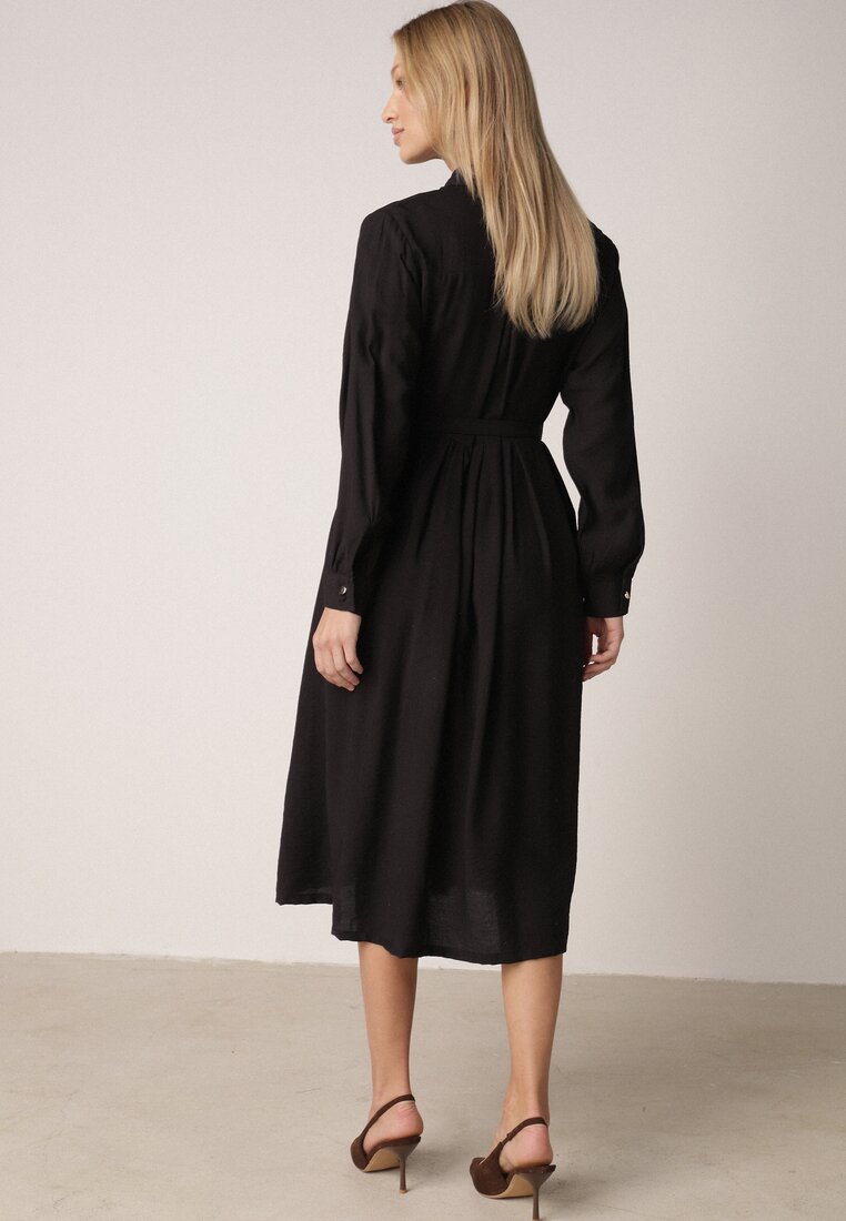 Czarna Wiskozowa Sukienka Koszulowa z Paskiem Andranassa