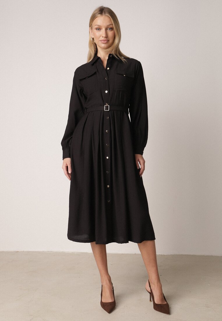 Czarna Wiskozowa Sukienka Koszulowa z Paskiem Andranassa
