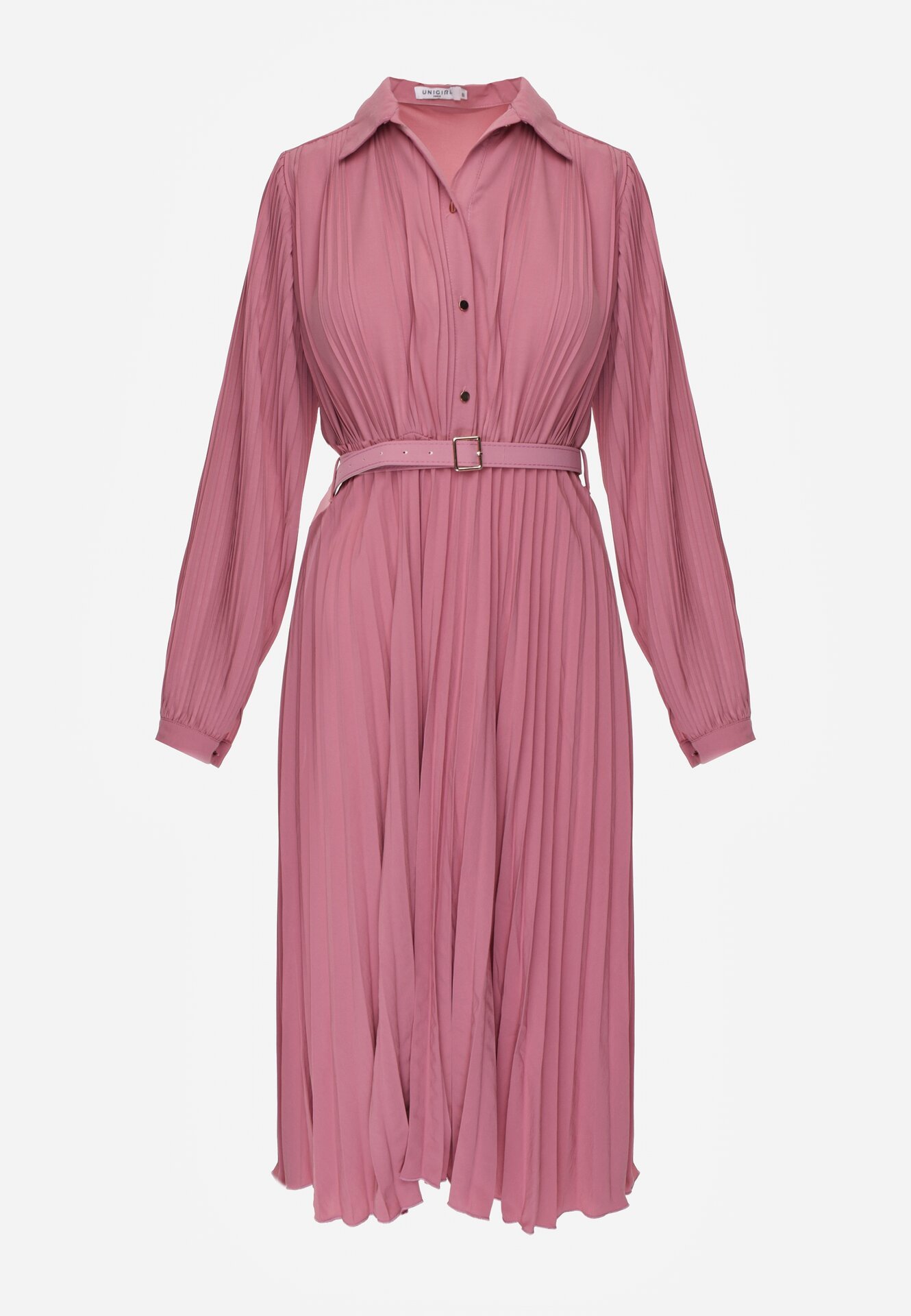 Fuksjowa Sukienka Plisowana o Koszulowym Kroju z Paskiem z Klamrą Efronta