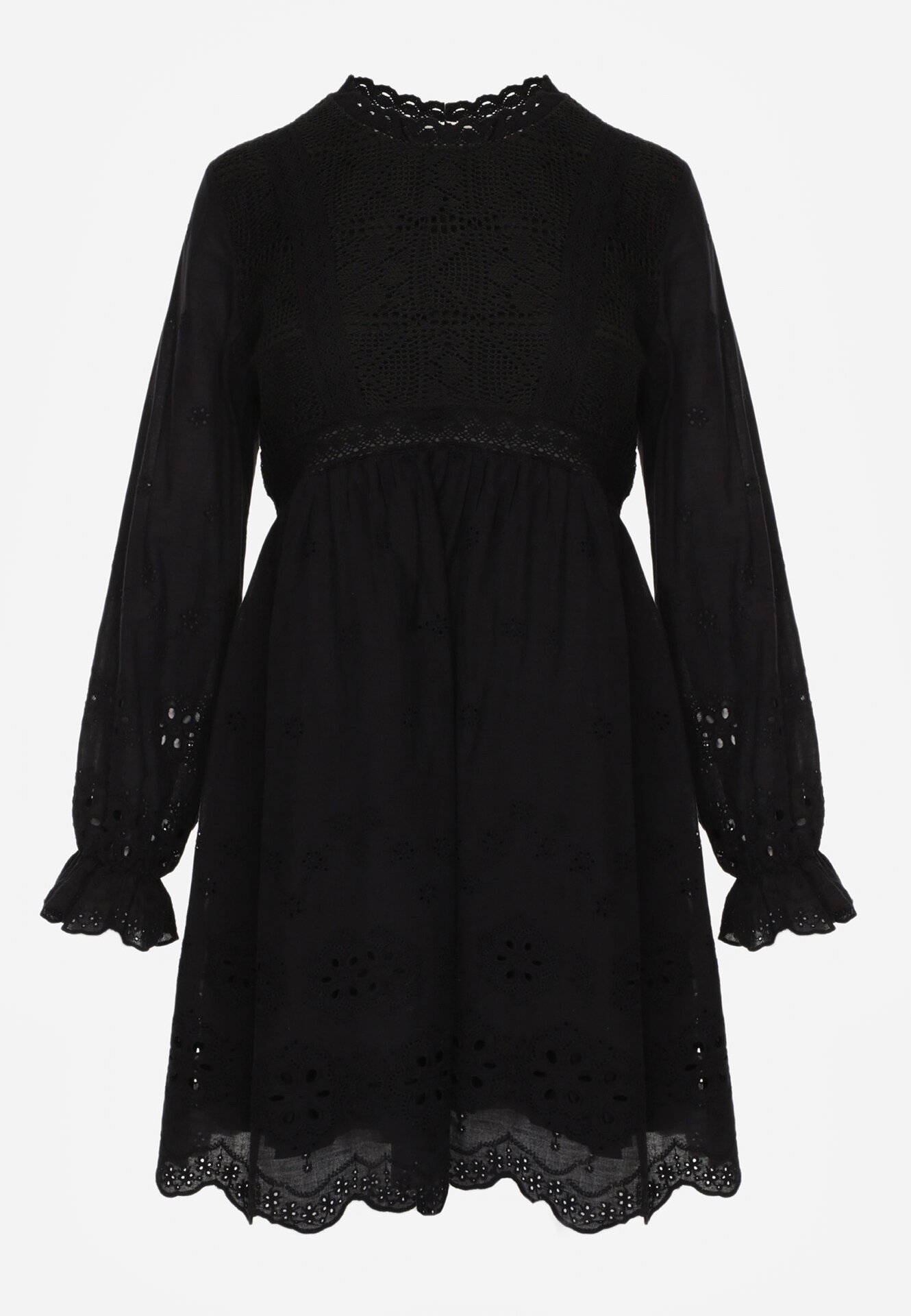 Czarna Sukienka w Rustykalnym Stylu z Haftowanej Tkaniny z Bawełną Delogana