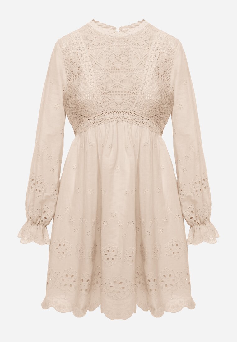 Beżowa Sukienka w Rustykalnym Stylu z Haftowanej Tkaniny z Bawełną Delogana