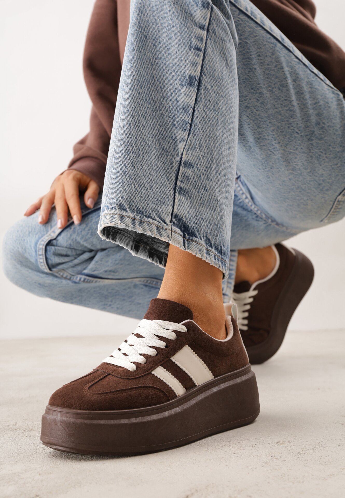 Brązowe Sneakersy Kultowe Tenisówki na Platformie z Koturnem Elisara