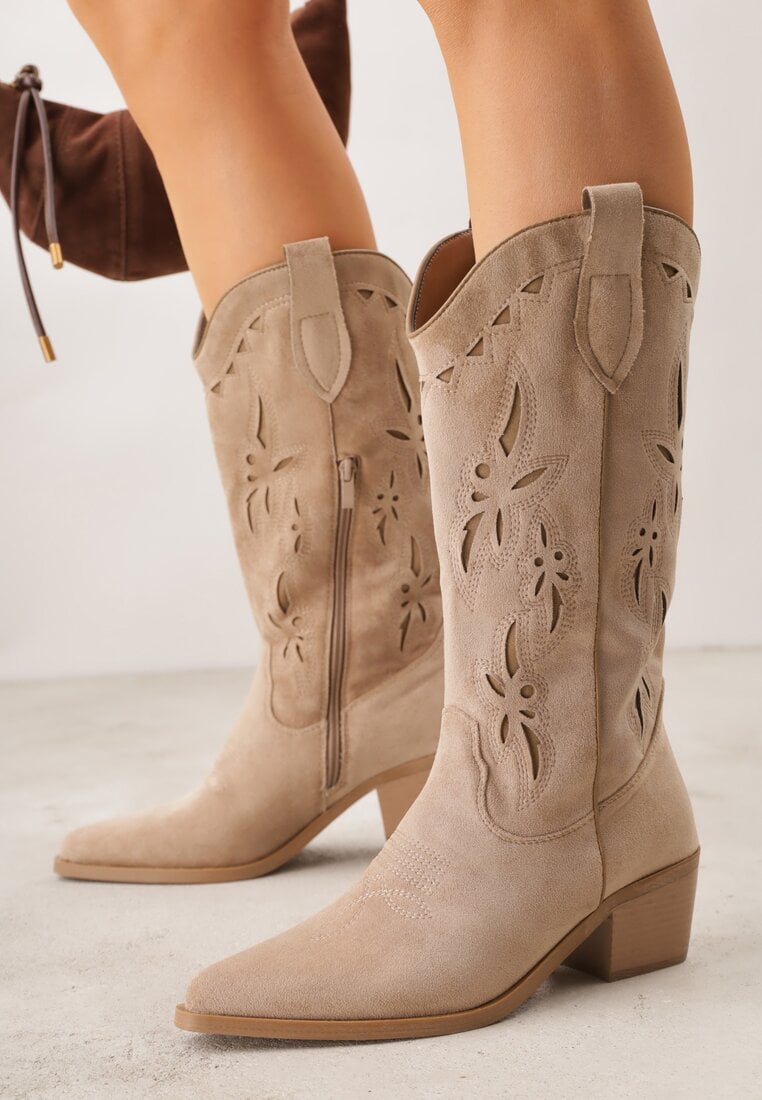 Ciemnobeżowe Botki Kowbojki na Stożku z Imitacji Zamszu z Ażurowymi Wstawkami  Crela