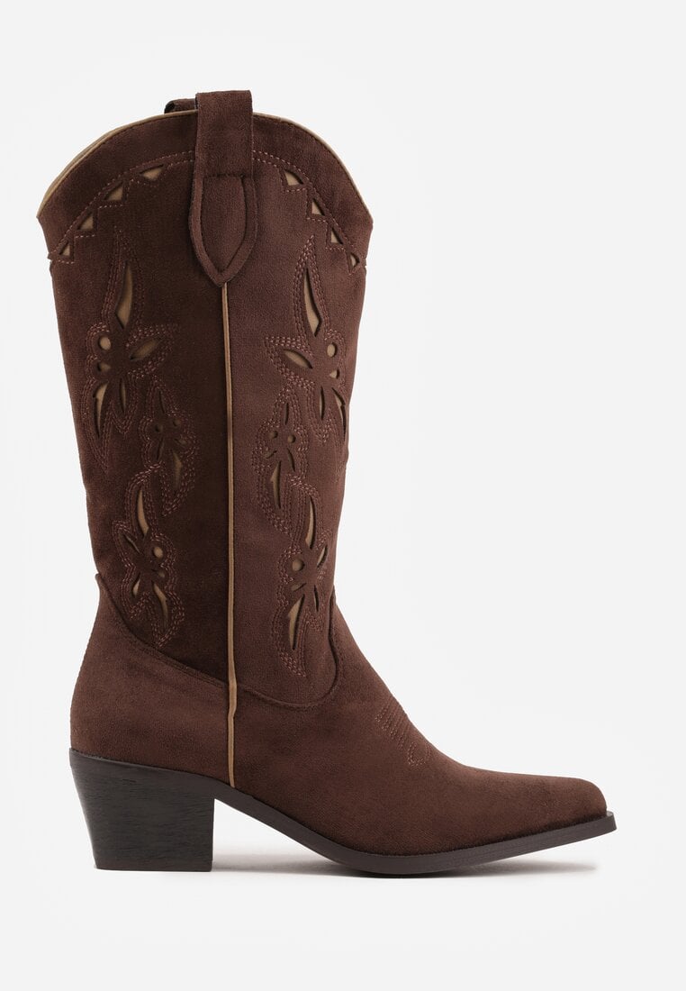Brązowe Botki Kowbojki na Stożku z Imitacji Zamszu z Ażurowymi Wstawkami  Crela