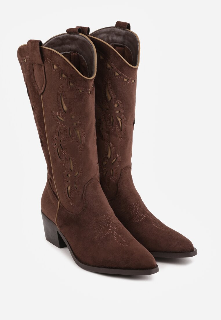 Brązowe Botki Kowbojki na Stożku z Imitacji Zamszu z Ażurowymi Wstawkami  Crela