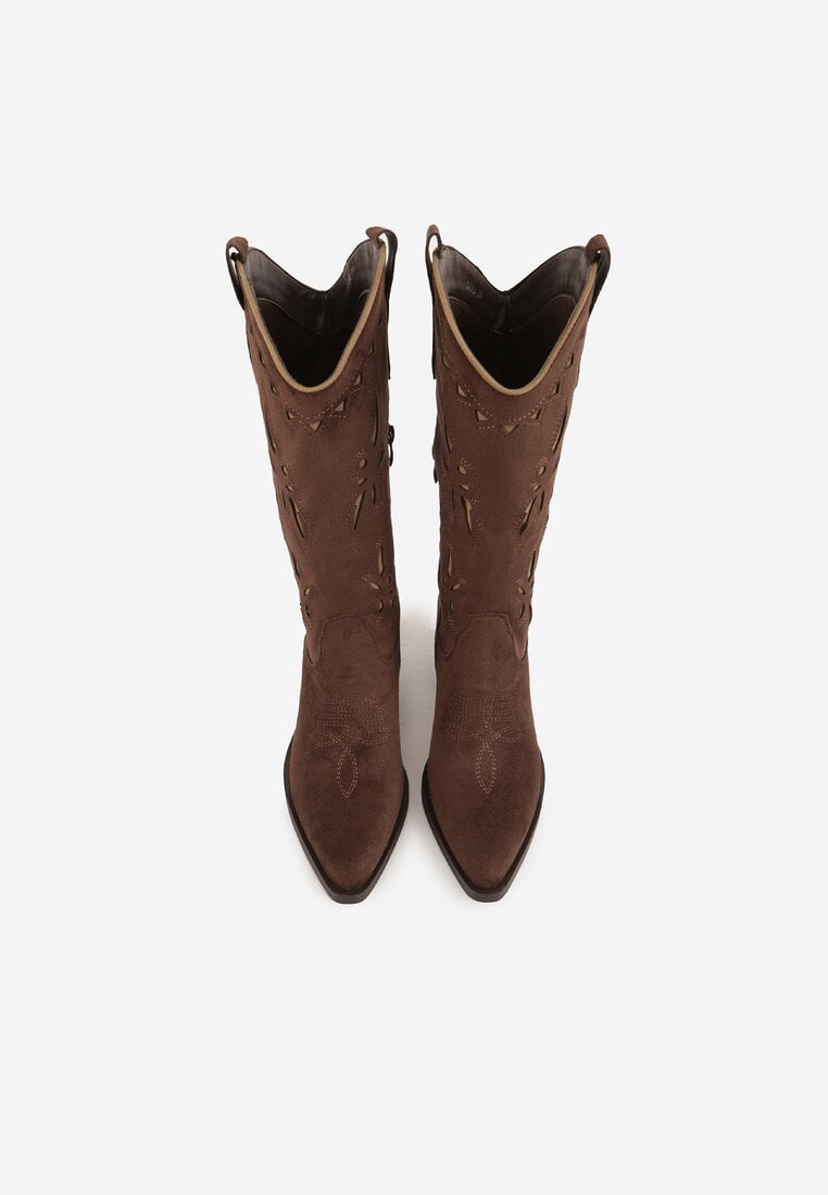 Brązowe Botki Kowbojki na Stożku z Imitacji Zamszu z Ażurowymi Wstawkami  Crela