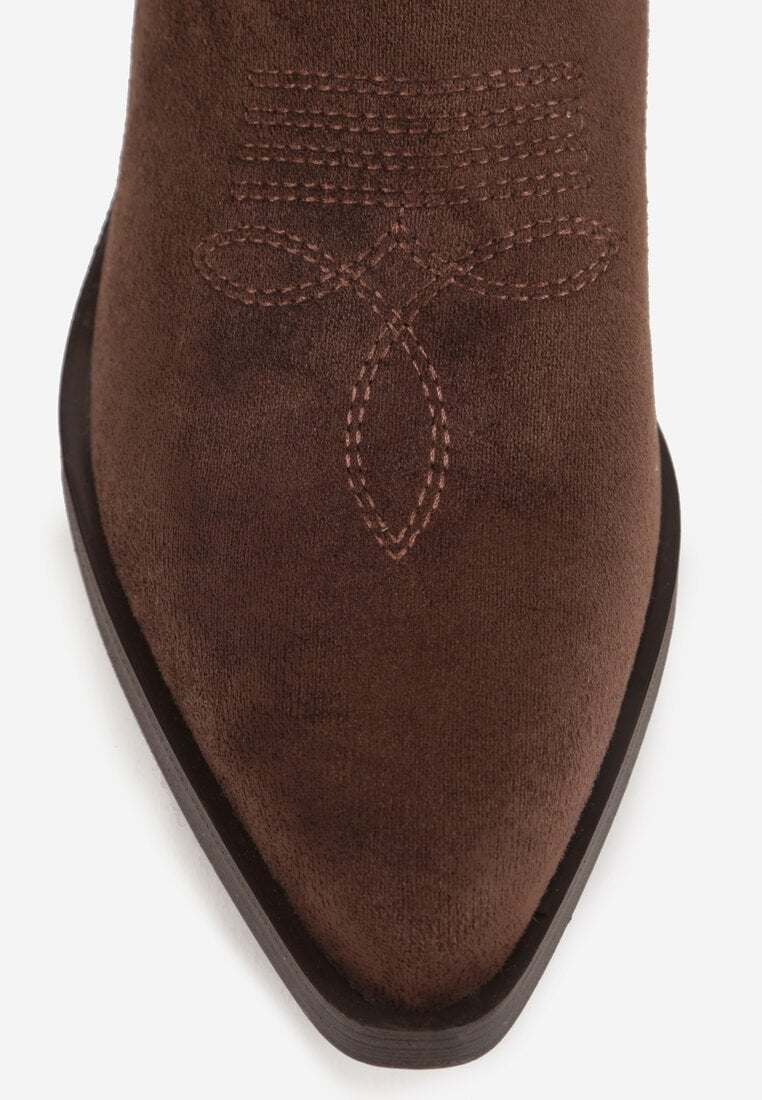 Brązowe Botki Kowbojki na Stożku z Imitacji Zamszu z Ażurowymi Wstawkami  Crela