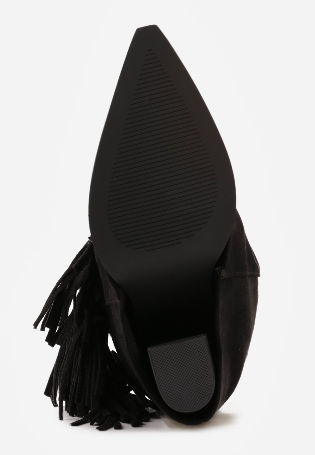 Czarne Botki Typu Kowbojki na Obcasie z Wywiniętą Cholewką i Frędzlami Uemiris