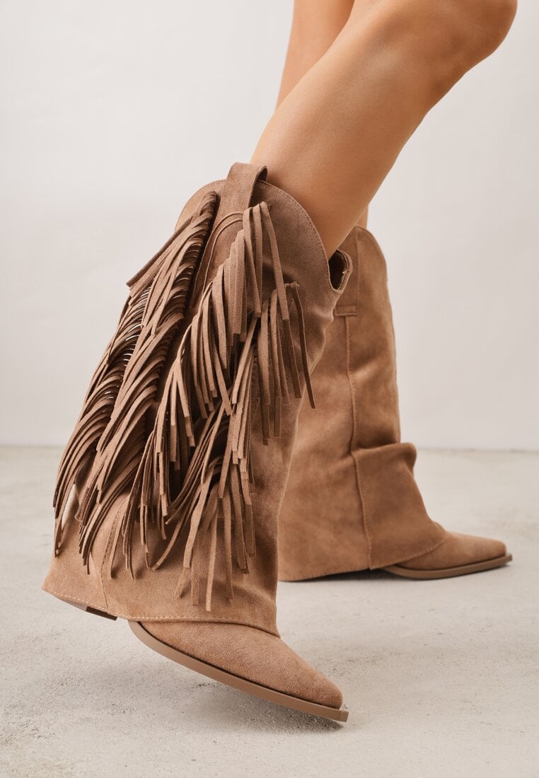 Brązowe Botki Typu Kowbojki na Obcasie z Wywiniętą Cholewką i Frędzlami Uemiris