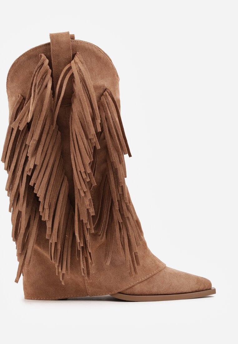 Brązowe Botki Typu Kowbojki na Obcasie z Wywiniętą Cholewką i Frędzlami Uemiris