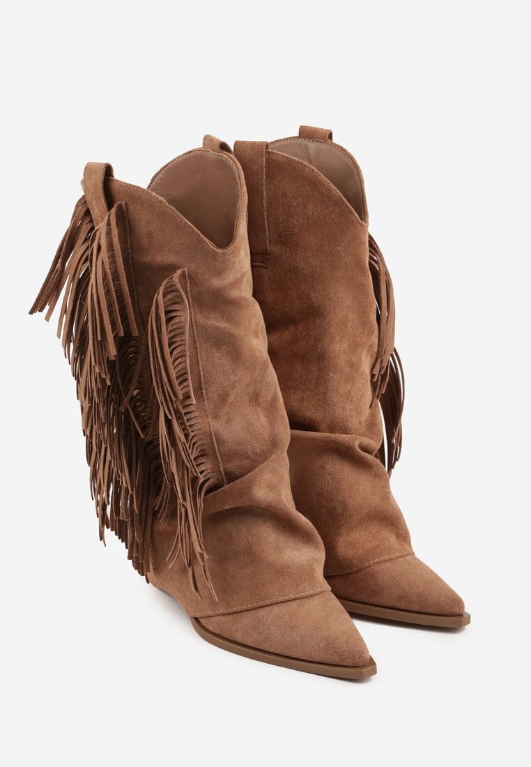 Brązowe Botki Typu Kowbojki na Obcasie z Wywiniętą Cholewką i Frędzlami Uemiris