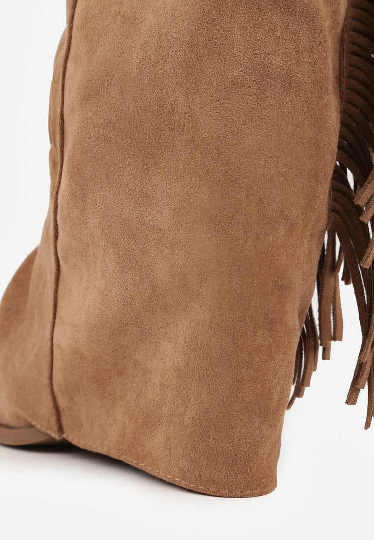 Brązowe Botki Typu Kowbojki na Obcasie z Wywiniętą Cholewką i Frędzlami Uemiris