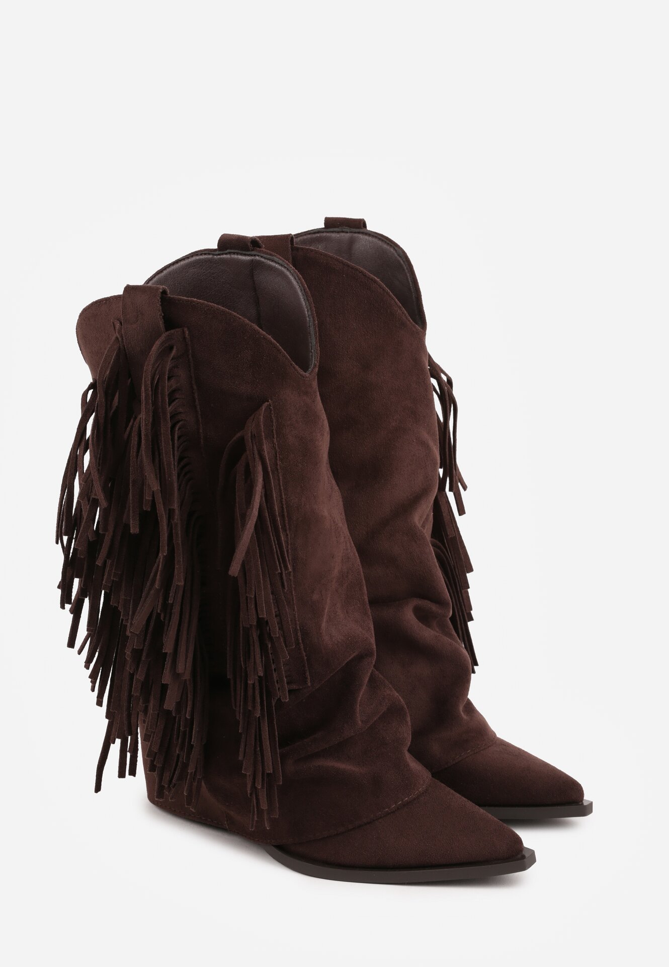 Brązowe Botki Typu Kowbojki na Obcasie z Wywiniętą Cholewką i Frędzlami Uemiris