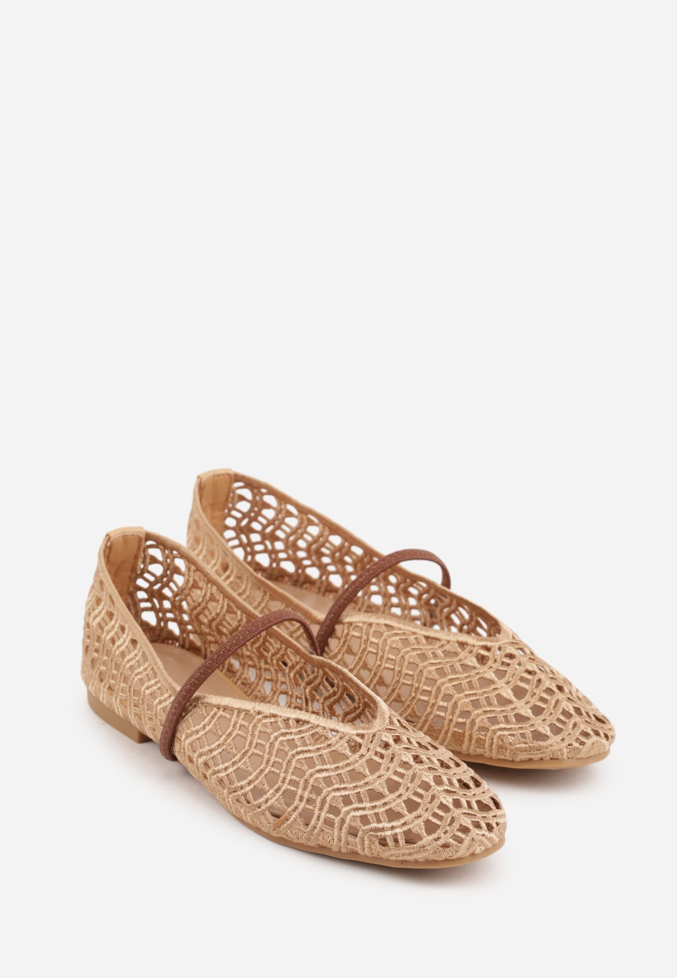Beżowe Ażurowe Balerinki z Imitacji Plecionki z Paskiem Naeraea