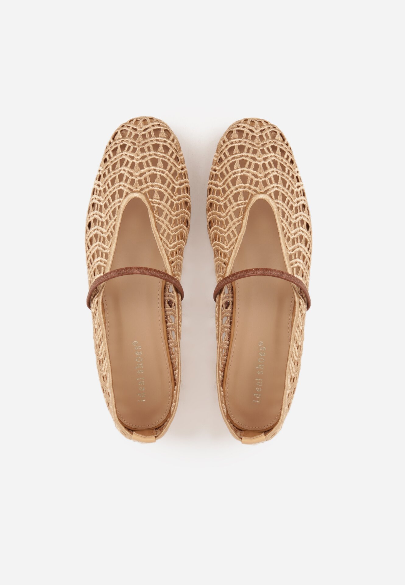 Beżowe Ażurowe Balerinki z Imitacji Plecionki z Paskiem Naeraea