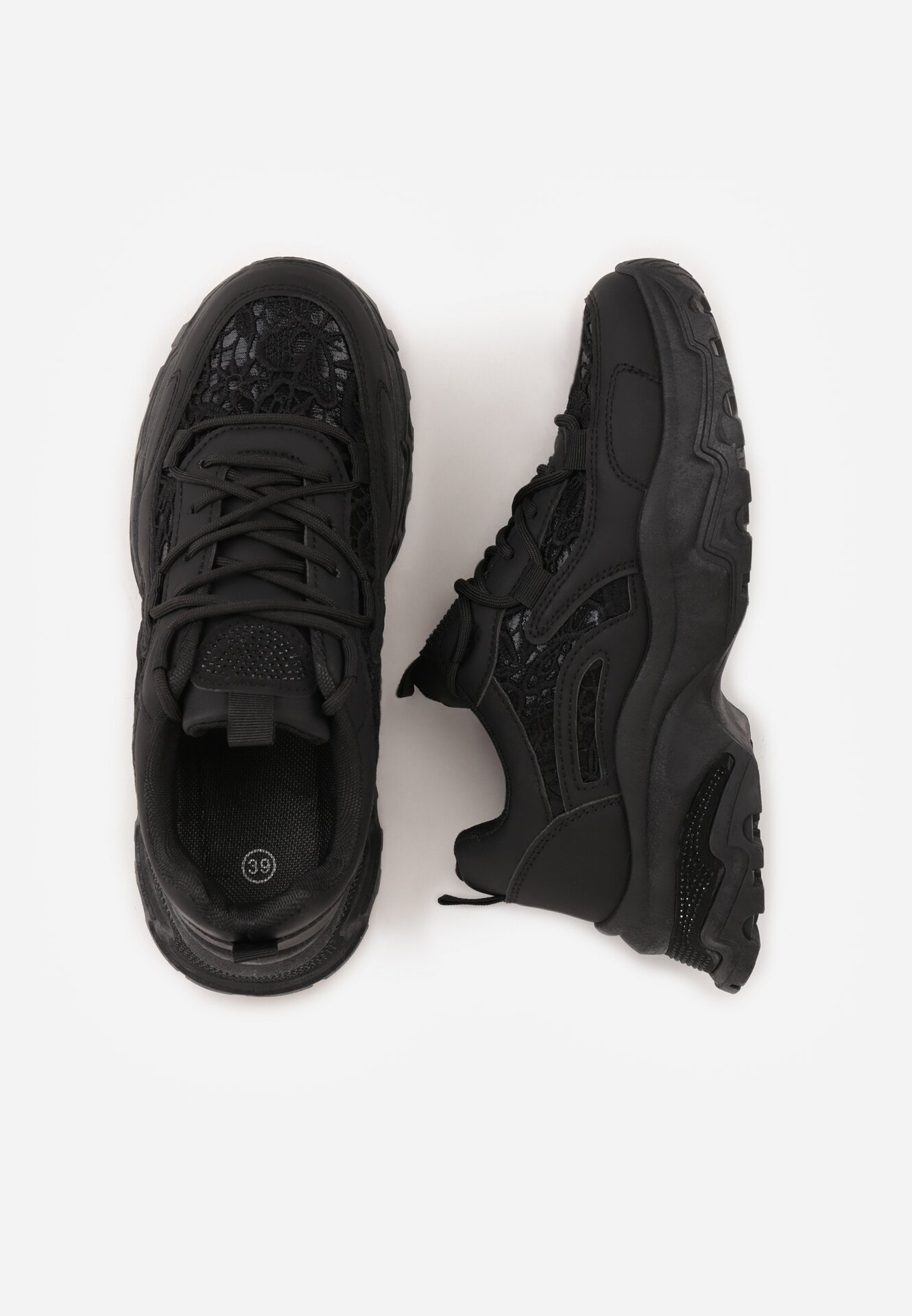 Czarne Sneakersy na Grubej Podeszwie z Koronkowymi Wstawkami i Cyrkoniami Sephialle