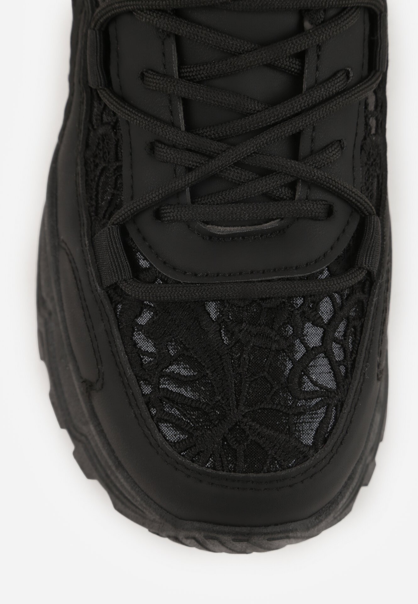 Czarne Sneakersy na Grubej Podeszwie z Koronkowymi Wstawkami i Cyrkoniami Sephialle