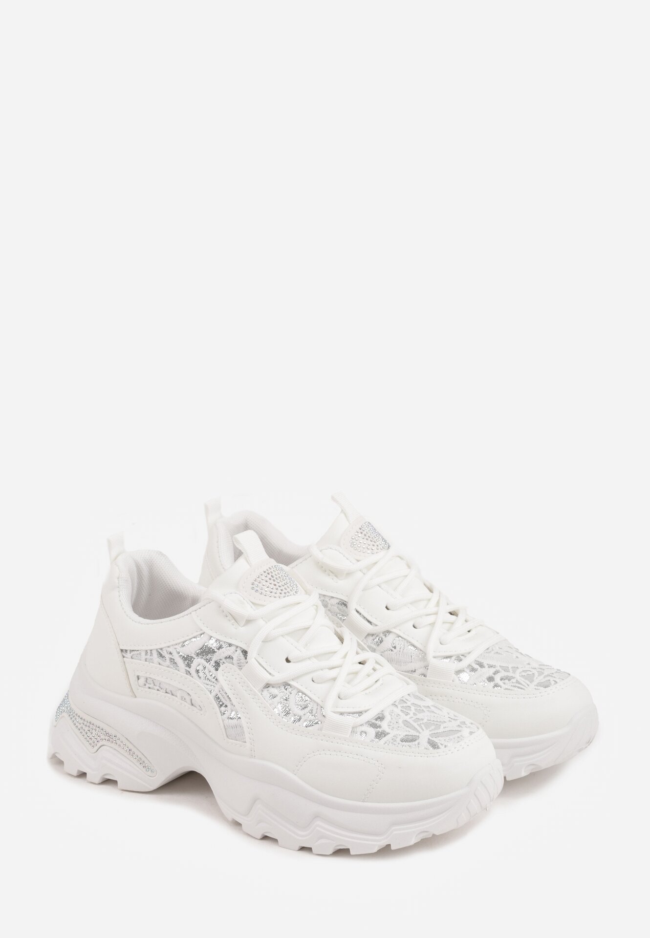 Białe Sneakersy na Grubej Podeszwie z Koronkowymi Wstawkami i Cyrkoniami Sephialle