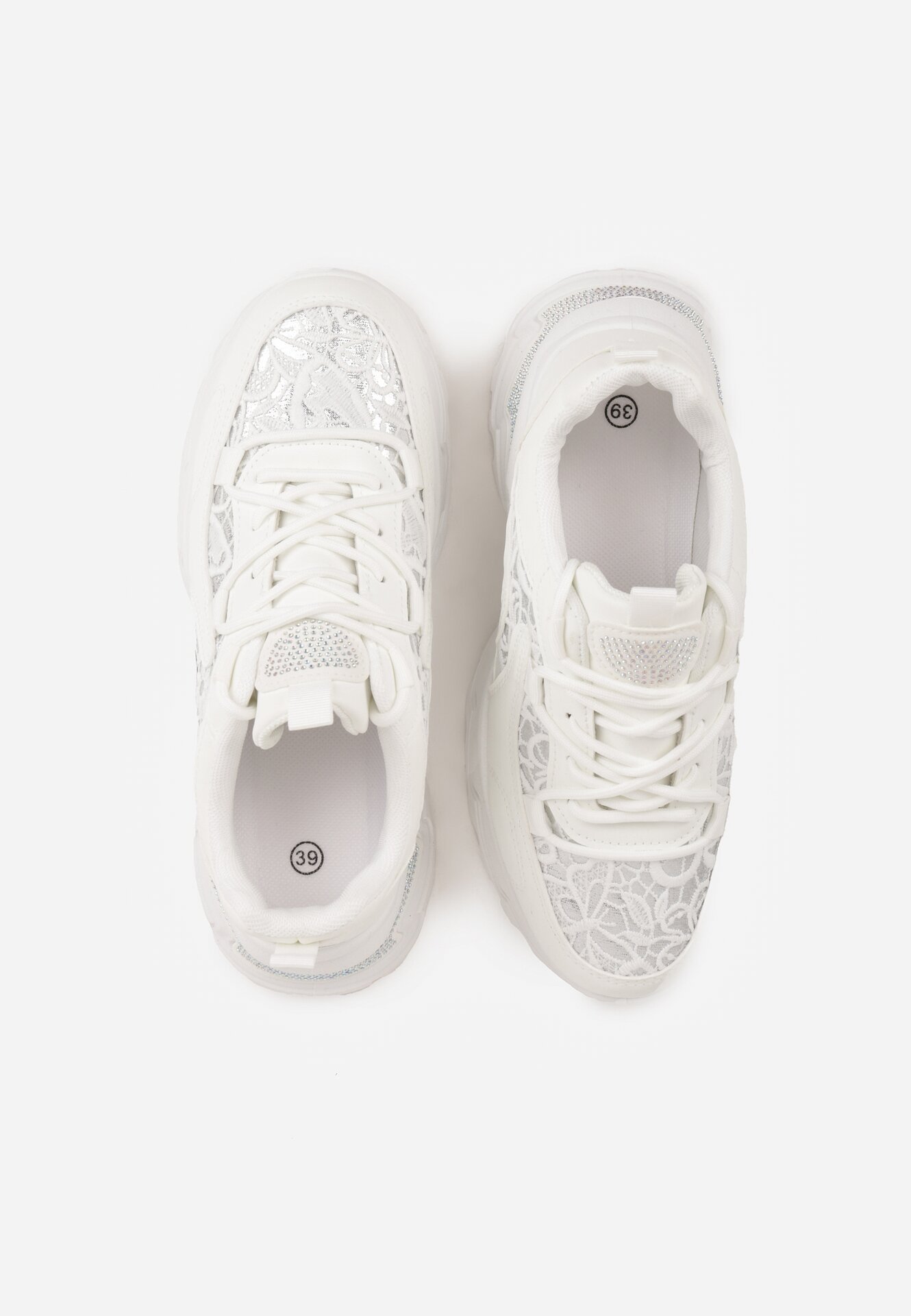 Białe Sneakersy na Grubej Podeszwie z Koronkowymi Wstawkami i Cyrkoniami Sephialle