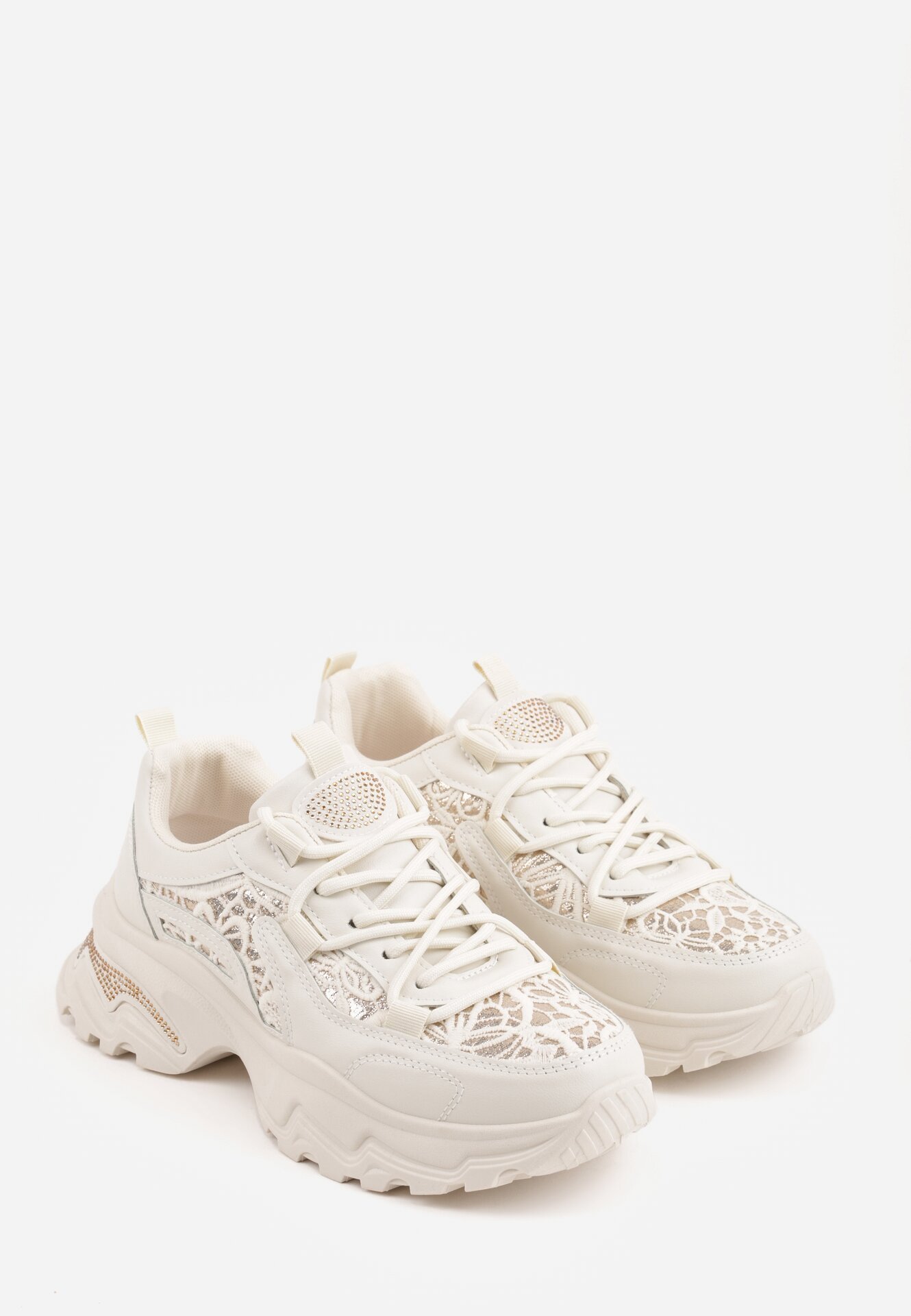 Beżowe Sneakersy na Grubej Podeszwie z Koronkowymi Wstawkami i Cyrkoniami Sephialle
