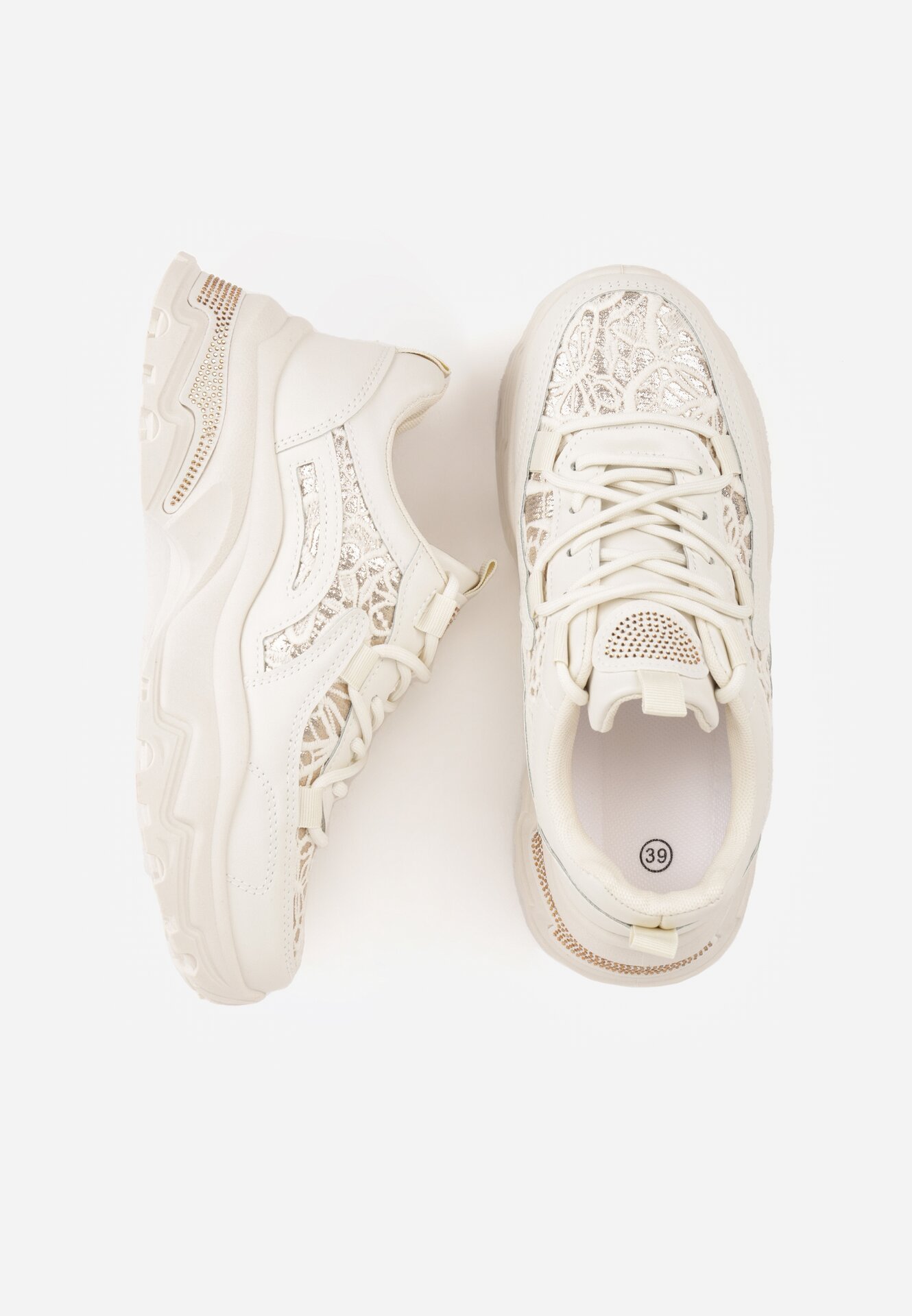 Beżowe Sneakersy na Grubej Podeszwie z Koronkowymi Wstawkami i Cyrkoniami Sephialle