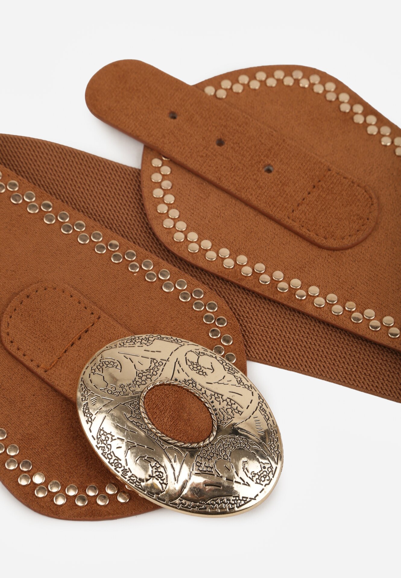Jasnobrązowy Pasek w Kowbojskim Stylu z Nitami i Metaliczną Tłoczoną Klamrą Pretizia