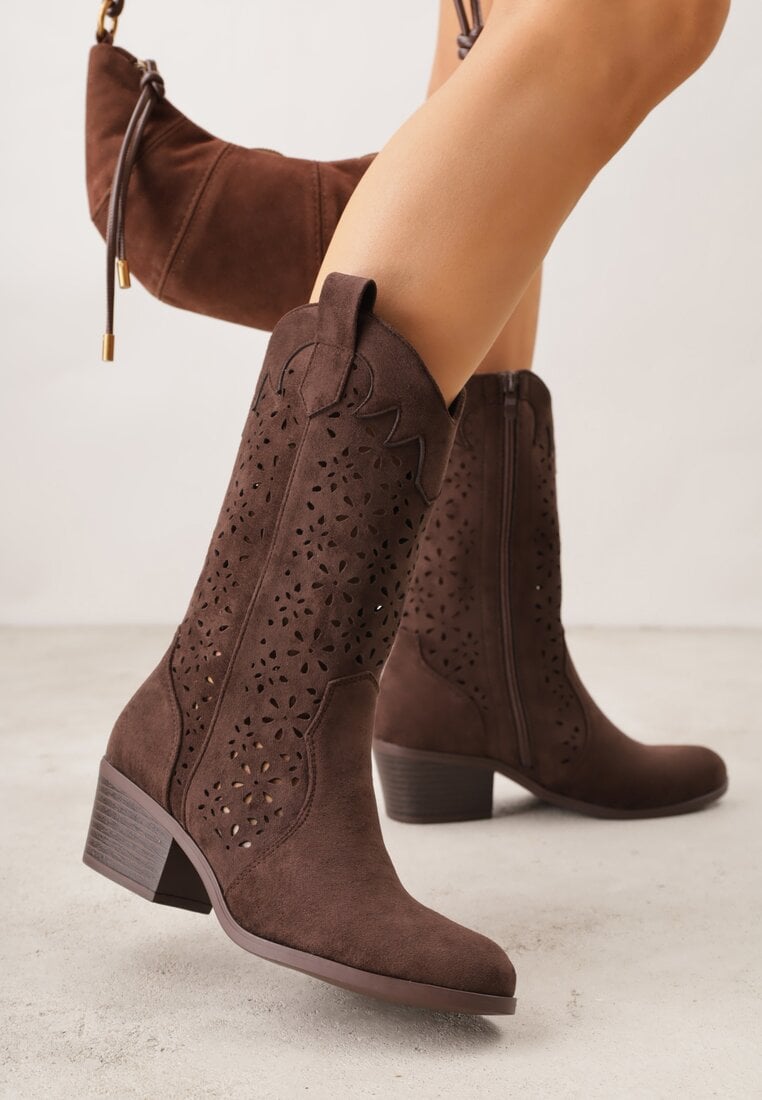 Brązowe Ażurowe Botki na Obcasie w Stylu Kowbojek Lissemi